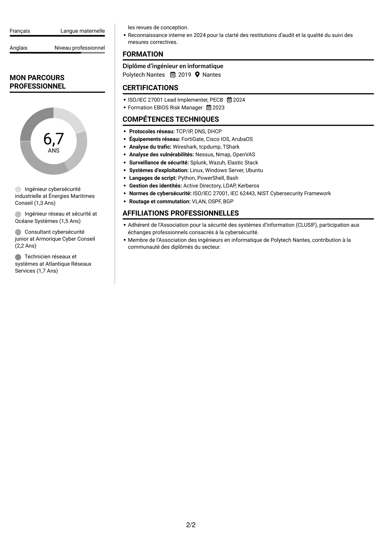 CV Moderne (format à deux colonnes avec photo à gauche et séparateur) : Ingénieur Réseau et Cybersécurité - Systèmes industriels, page 2