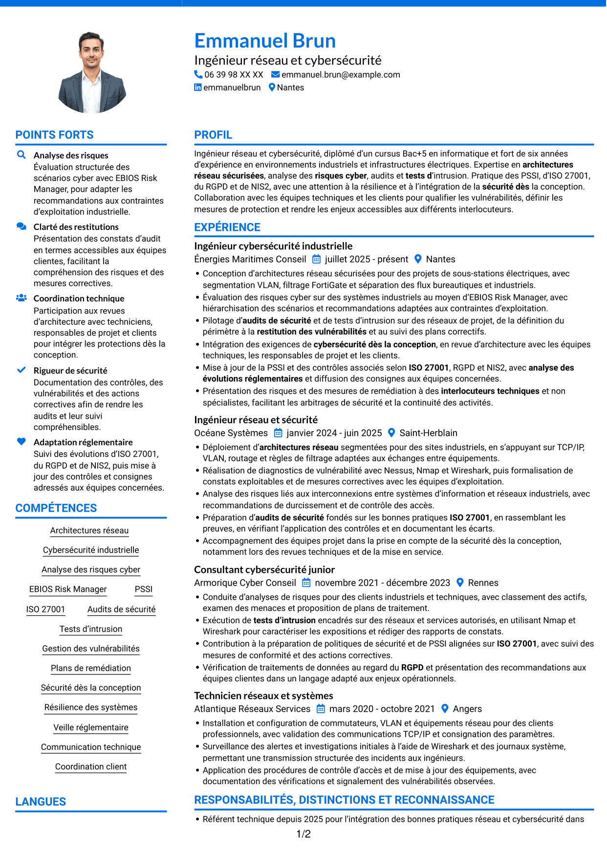 CV Audacieux (format à deux colonnes avec accents colorés et photo) : Ingénieur Réseau et Cybersécurité - Systèmes industriels, page 1