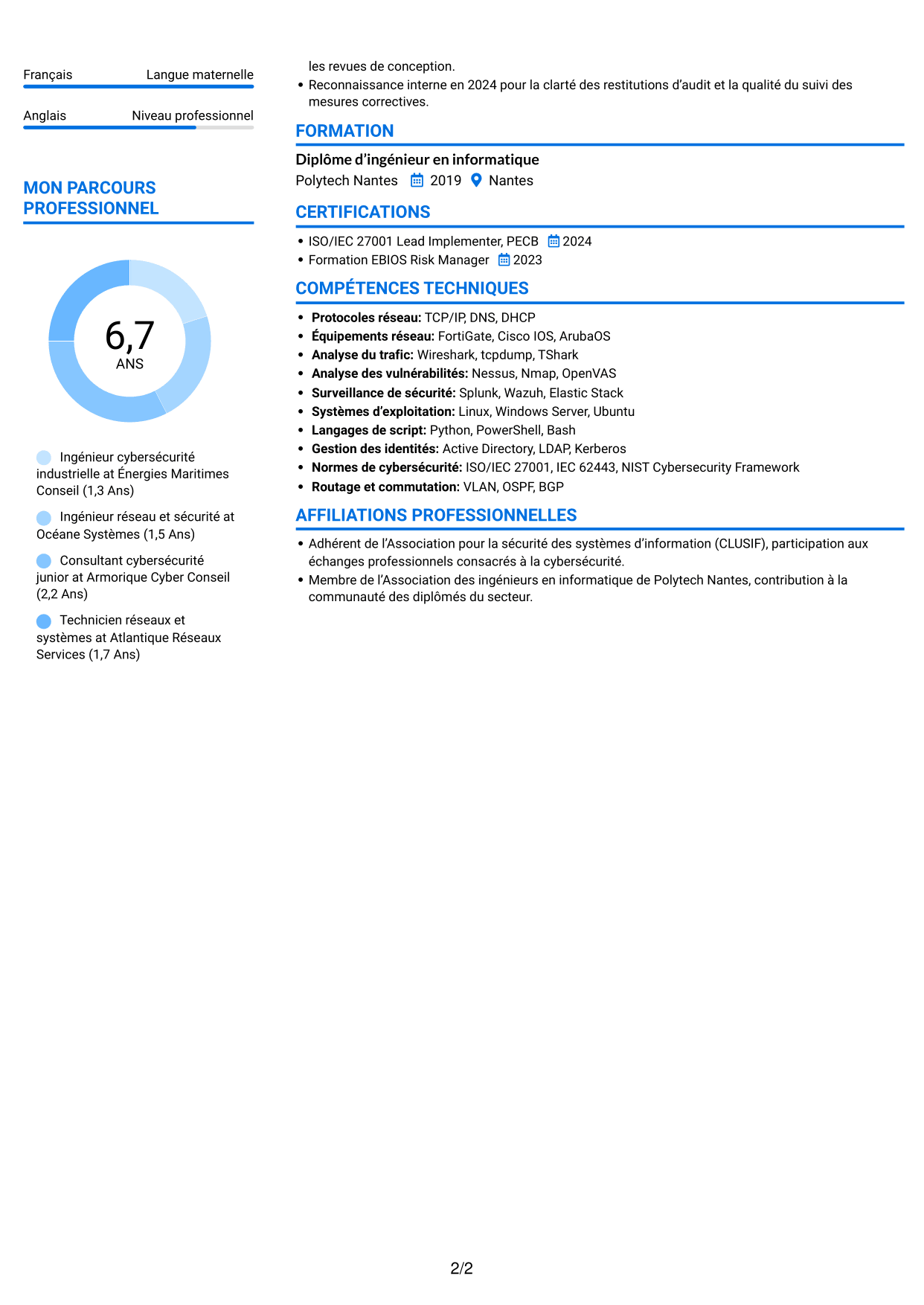 CV Audacieux (format à deux colonnes avec accents colorés et photo) : Ingénieur Réseau et Cybersécurité - Systèmes industriels, page 2