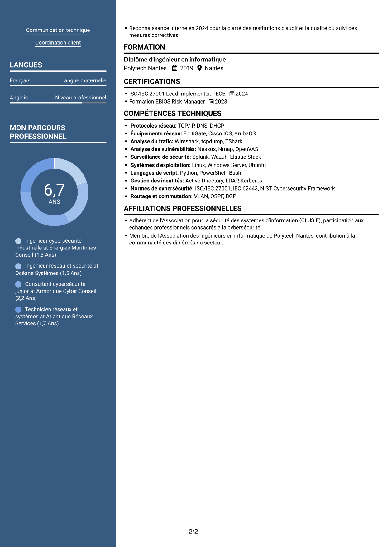 CV Signature (format à colonne latérale colorée avec grande photo) : Ingénieur Réseau et Cybersécurité - Systèmes industriels, page 2