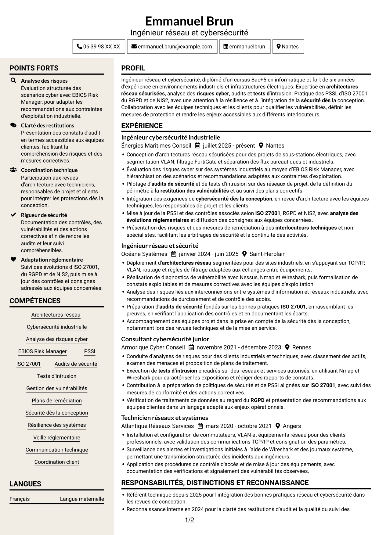 CV Fonceur (format à deux colonnes avec en-tête centré sans photo) : Ingénieur Réseau et Cybersécurité - Systèmes industriels, page 1