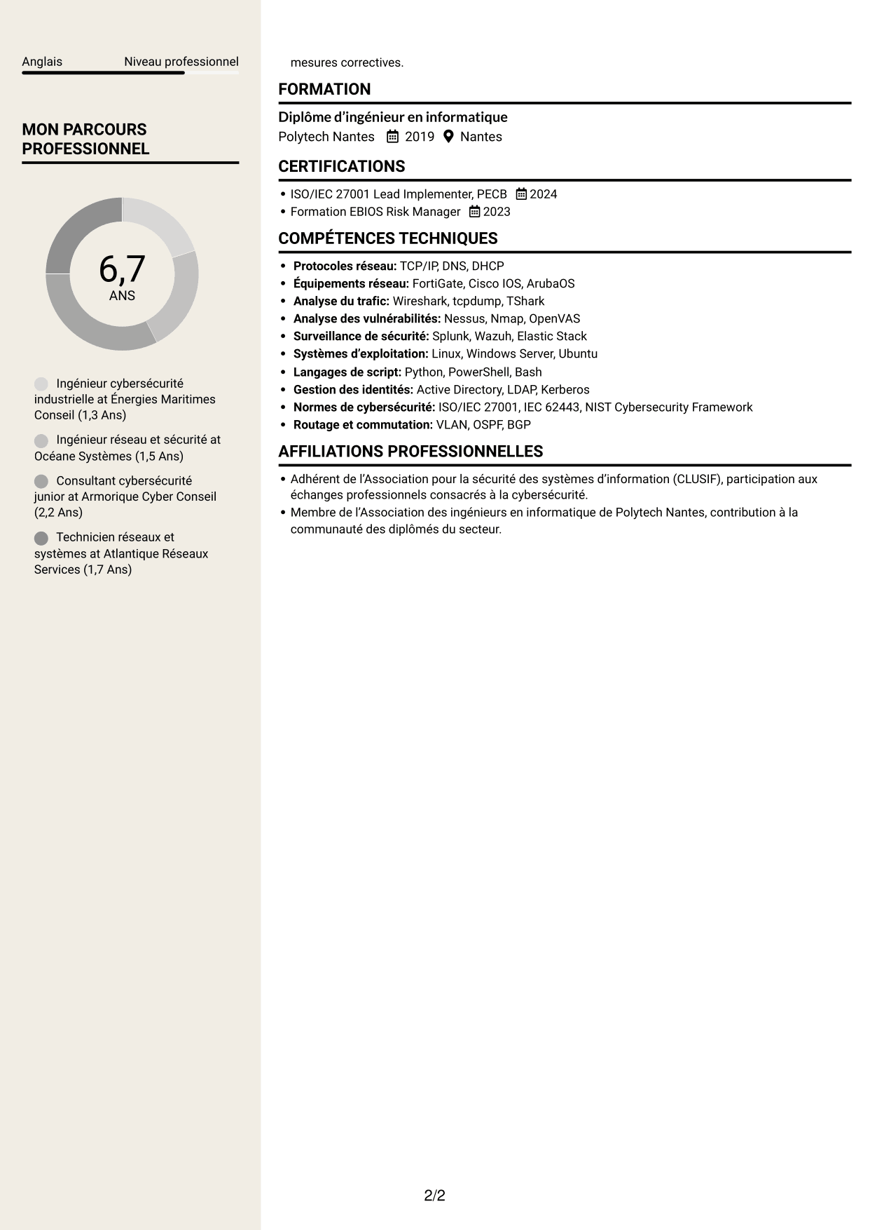 CV Fonceur (format à deux colonnes avec en-tête centré sans photo) : Ingénieur Réseau et Cybersécurité - Systèmes industriels, page 2