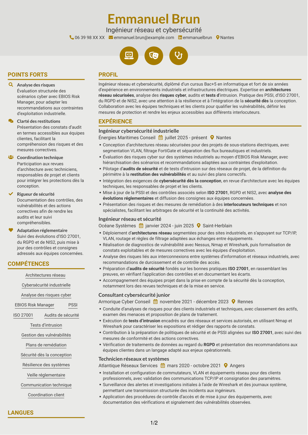 CV Dynamique (format à deux colonnes avec icônes) : Ingénieur Réseau et Cybersécurité - Systèmes industriels, page 1