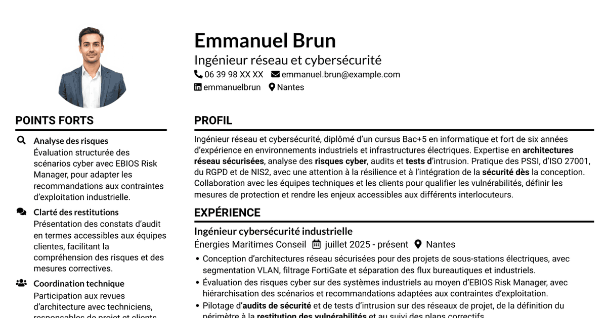 7 modèles de CV pour Ingénieur Réseau et Cybersécurité - Systèmes industriels, avec exemples
