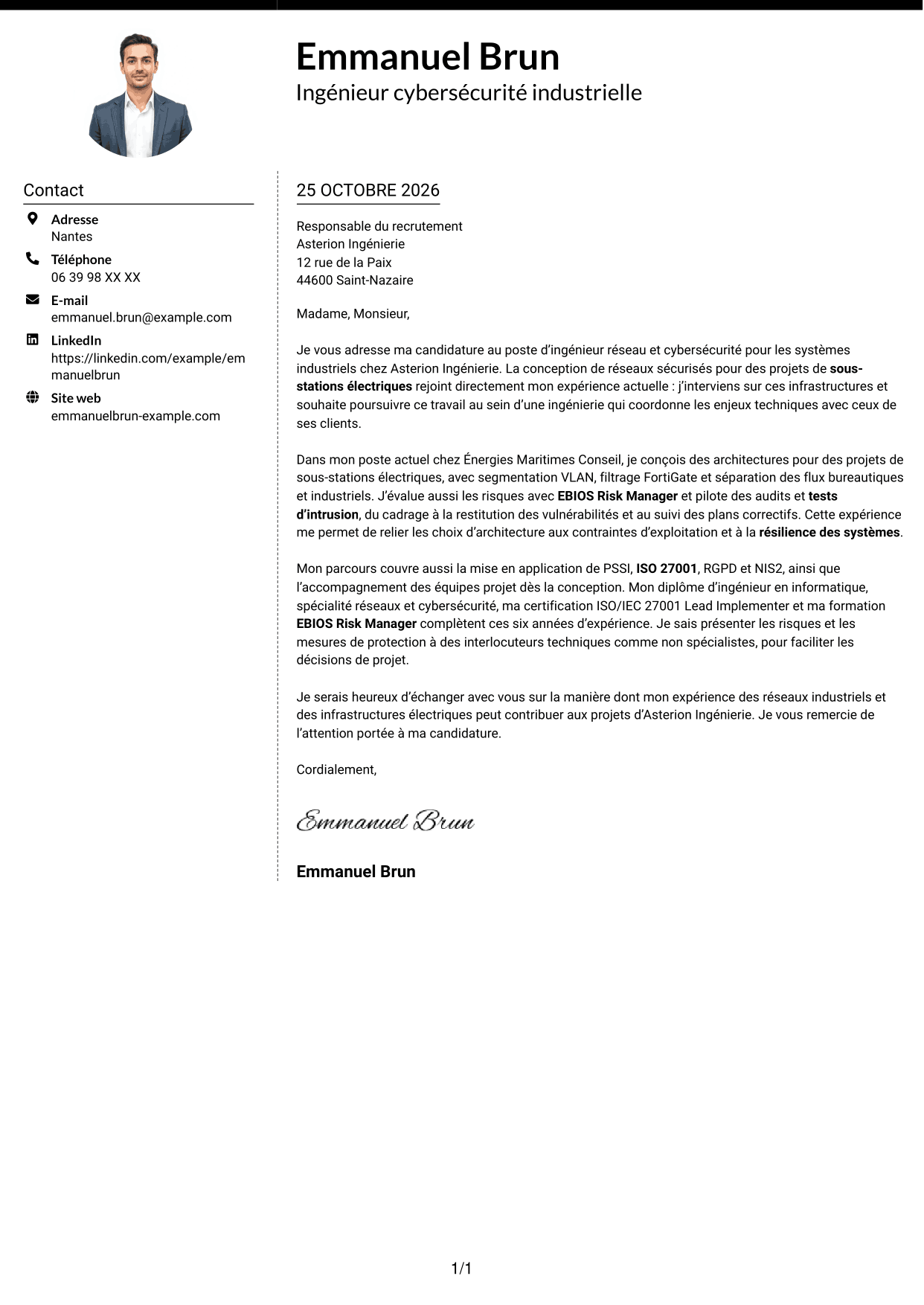 Lettre de motivation Moderne (format à deux colonnes avec photo à gauche et séparateur) : Ingénieur Réseau et Cybersécurité - Systèmes industriels, page 1
