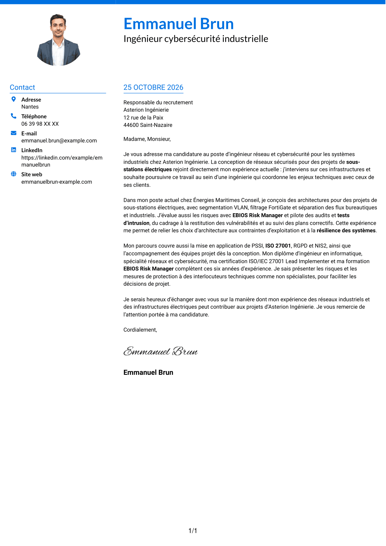 Lettre de motivation Audacieux (format à deux colonnes avec accents colorés et photo) : Ingénieur Réseau et Cybersécurité - Systèmes industriels, page 1