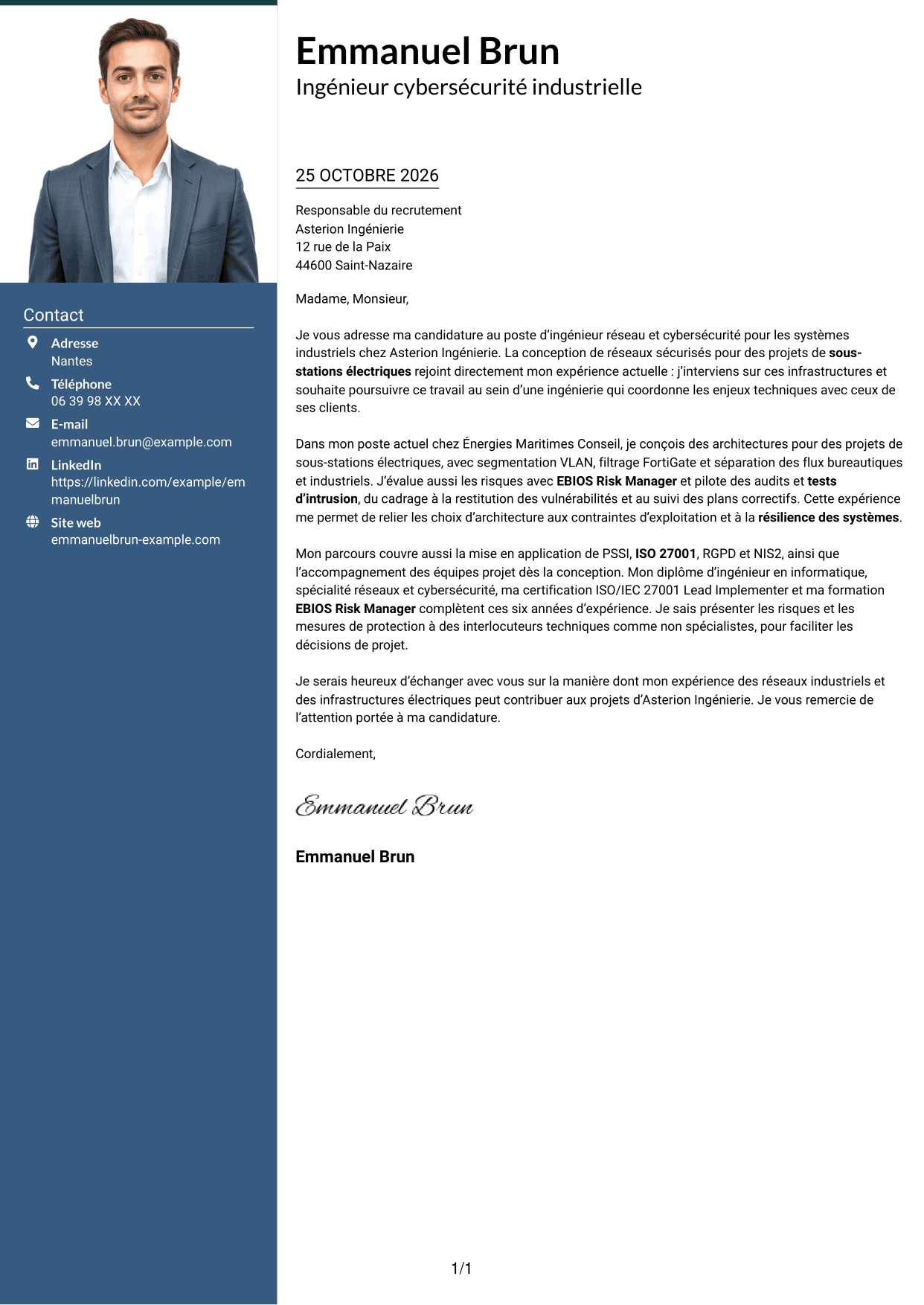 Lettre de motivation Signature (format à colonne latérale colorée avec grande photo) : Ingénieur Réseau et Cybersécurité - Systèmes industriels, page 1