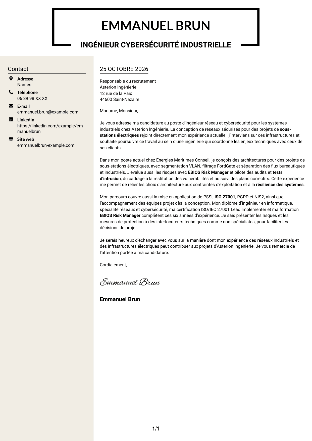 Lettre de motivation Fonceur (format à deux colonnes avec en-tête centré sans photo) : Ingénieur Réseau et Cybersécurité - Systèmes industriels, page 1