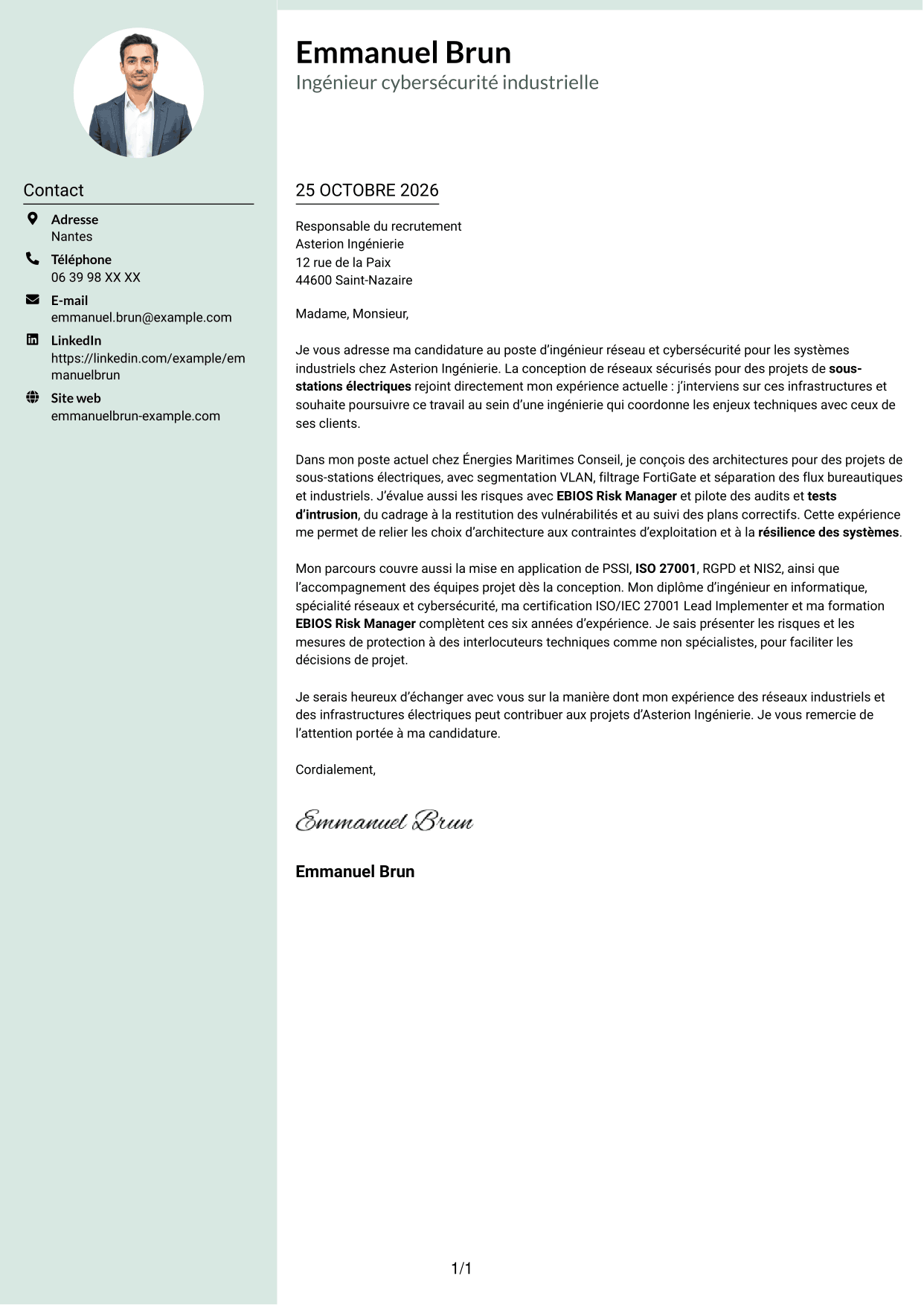 Lettre de motivation Cadre (format à colonne latérale douce avec photo arrondie) : Ingénieur Réseau et Cybersécurité - Systèmes industriels, page 1