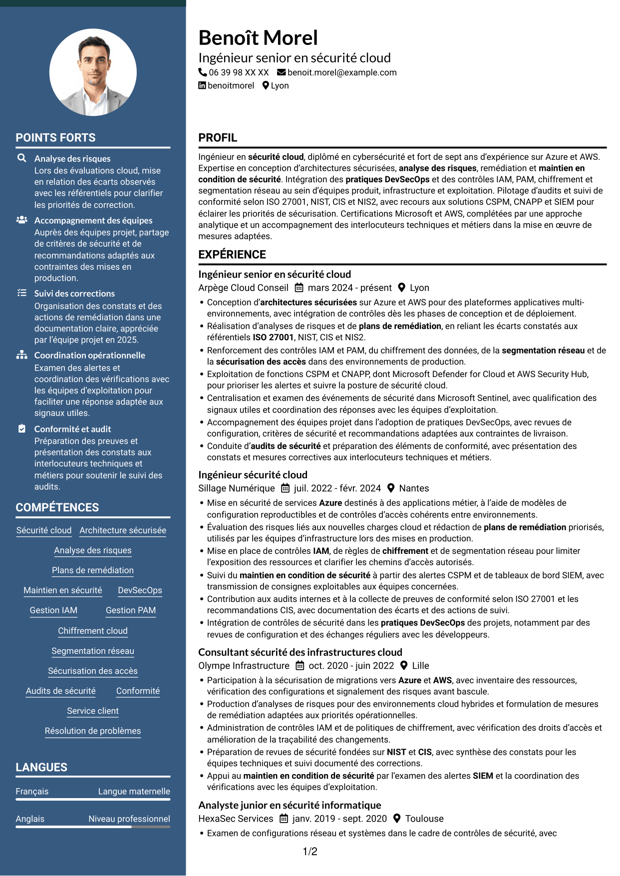 CV Élégant (format à colonne latérale colorée avec photo) : Ingénieur Sécurité Cloud, page 1