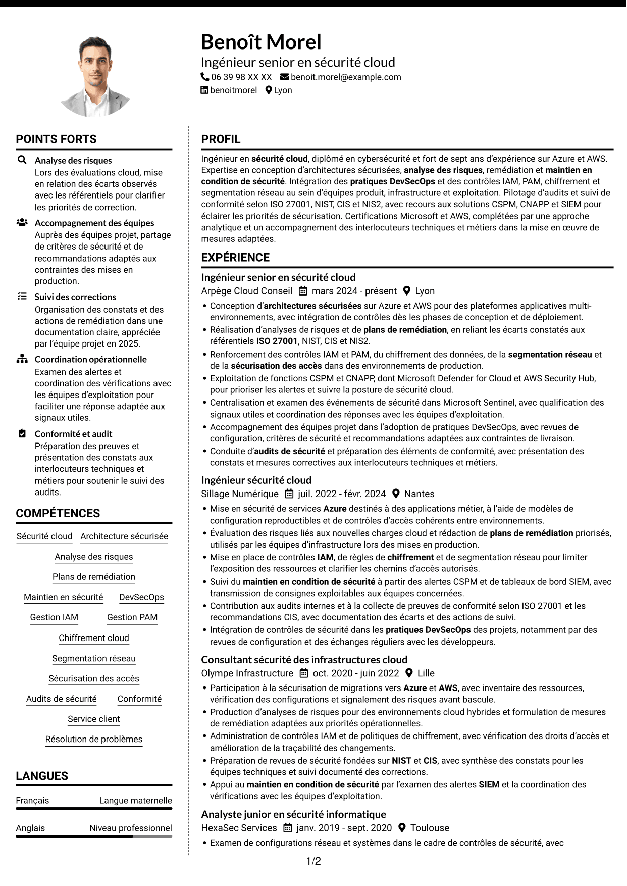 CV Moderne (format à deux colonnes avec photo à gauche et séparateur) : Ingénieur Sécurité Cloud, page 1