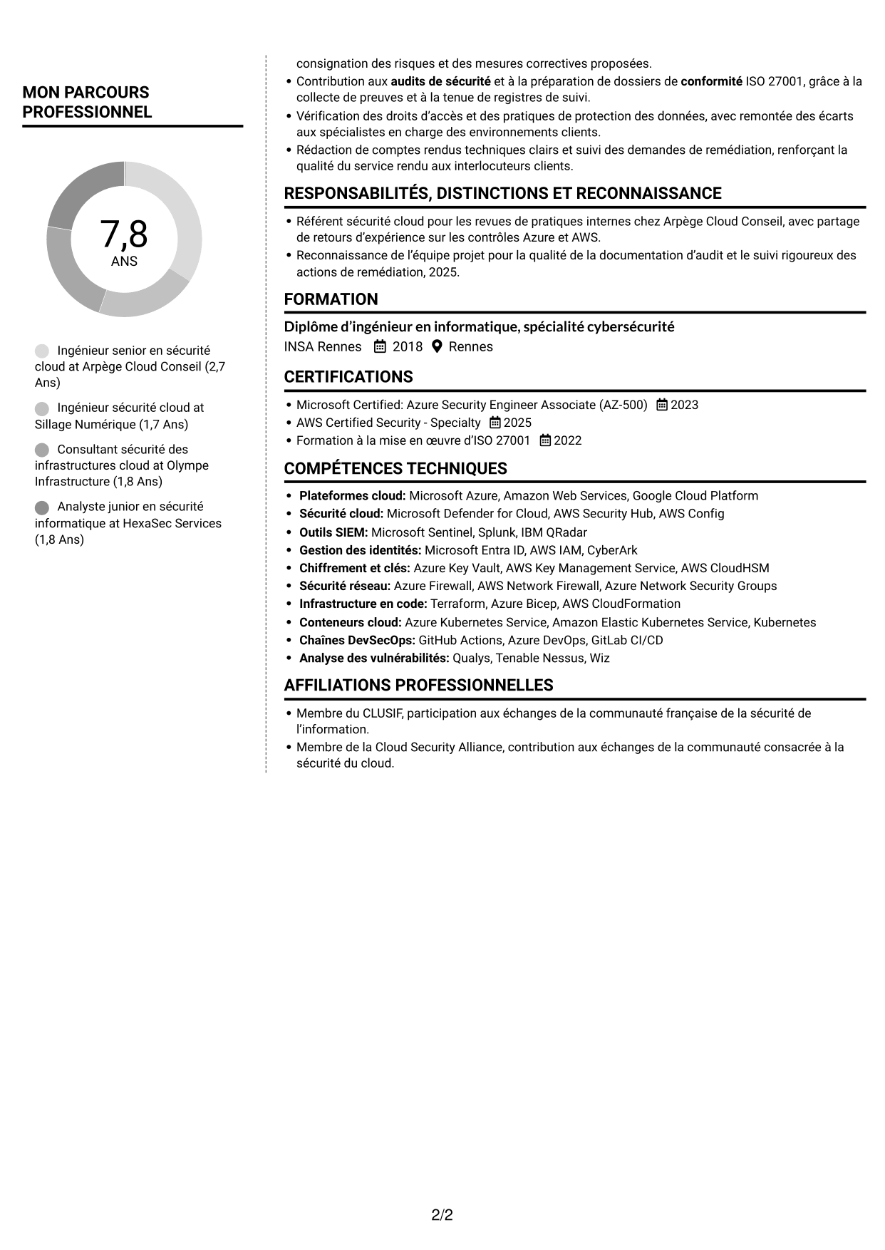 CV Moderne (format à deux colonnes avec photo à gauche et séparateur) : Ingénieur Sécurité Cloud, page 2