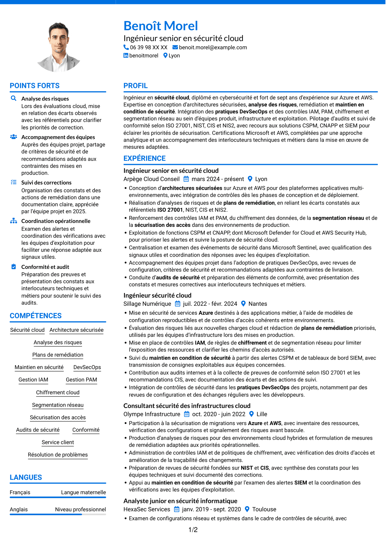 CV Audacieux (format à deux colonnes avec accents colorés et photo) : Ingénieur Sécurité Cloud, page 1