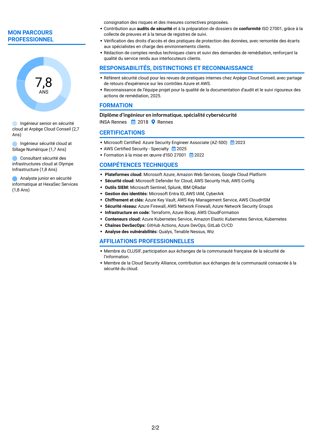CV Audacieux (format à deux colonnes avec accents colorés et photo) : Ingénieur Sécurité Cloud, page 2