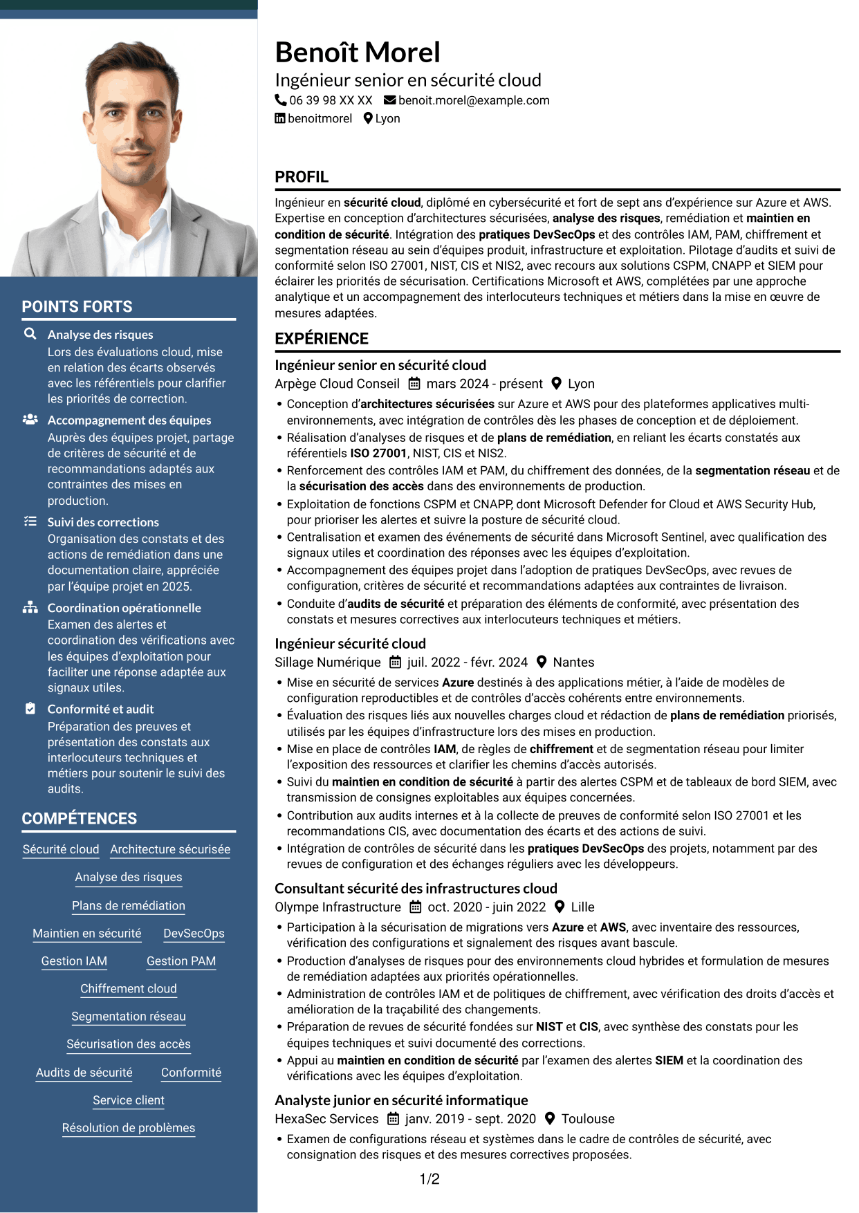CV Signature (format à colonne latérale colorée avec grande photo) : Ingénieur Sécurité Cloud, page 1