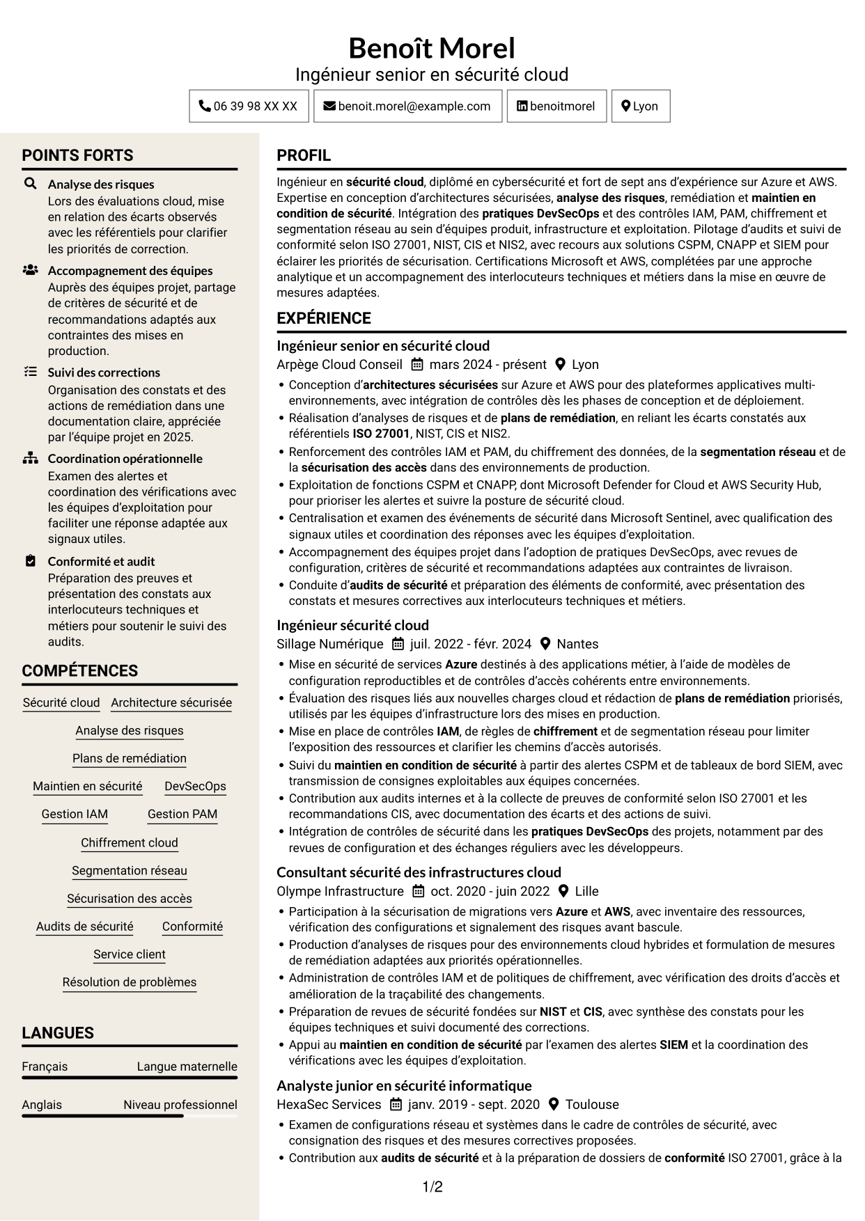 CV Fonceur (format à deux colonnes avec en-tête centré sans photo) : Ingénieur Sécurité Cloud, page 1