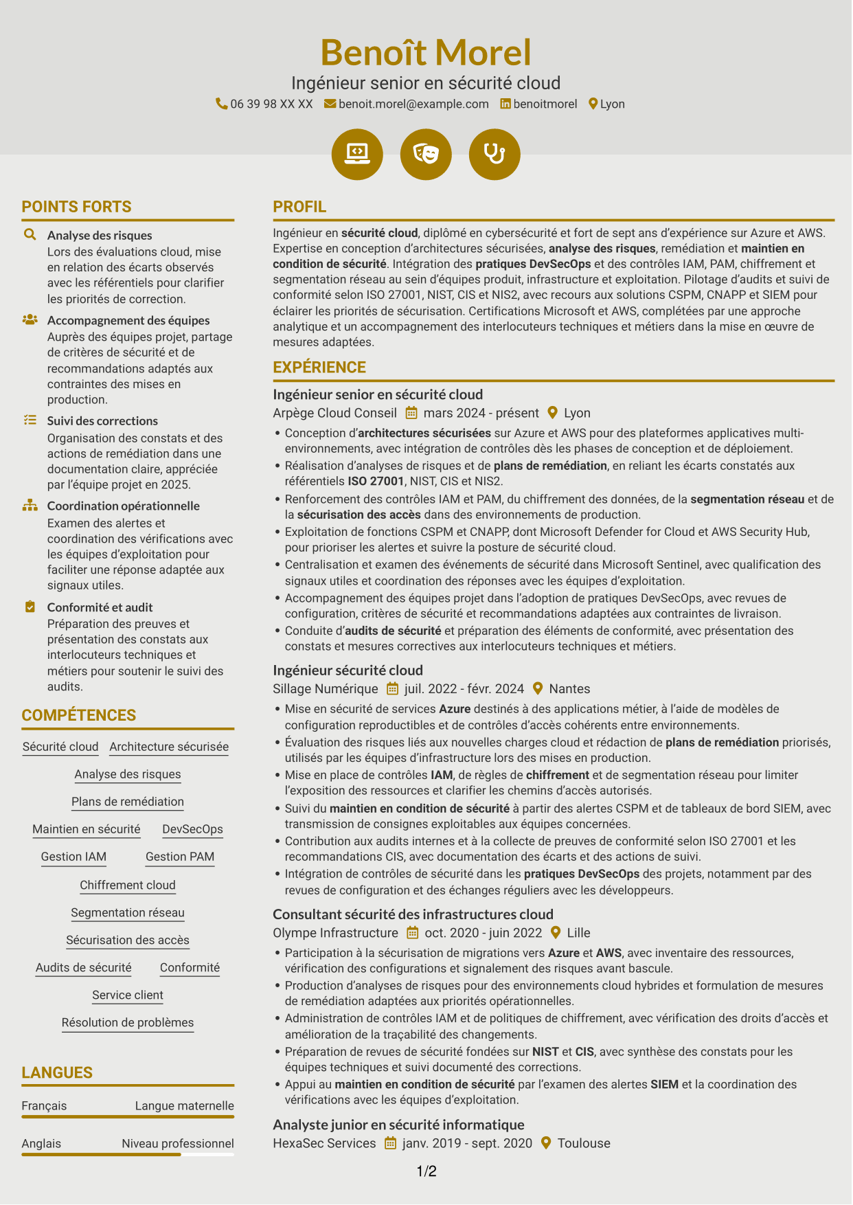 CV Dynamique (format à deux colonnes avec icônes) : Ingénieur Sécurité Cloud, page 1