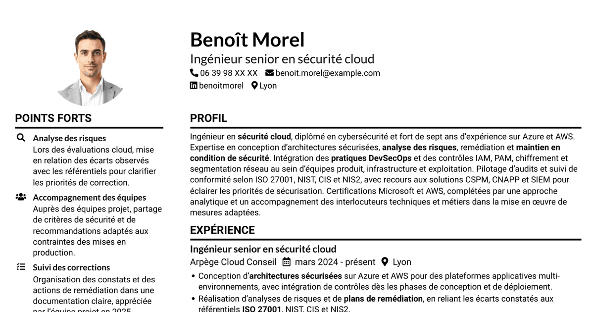7 modèles de CV pour Ingénieur Sécurité Cloud, avec exemples