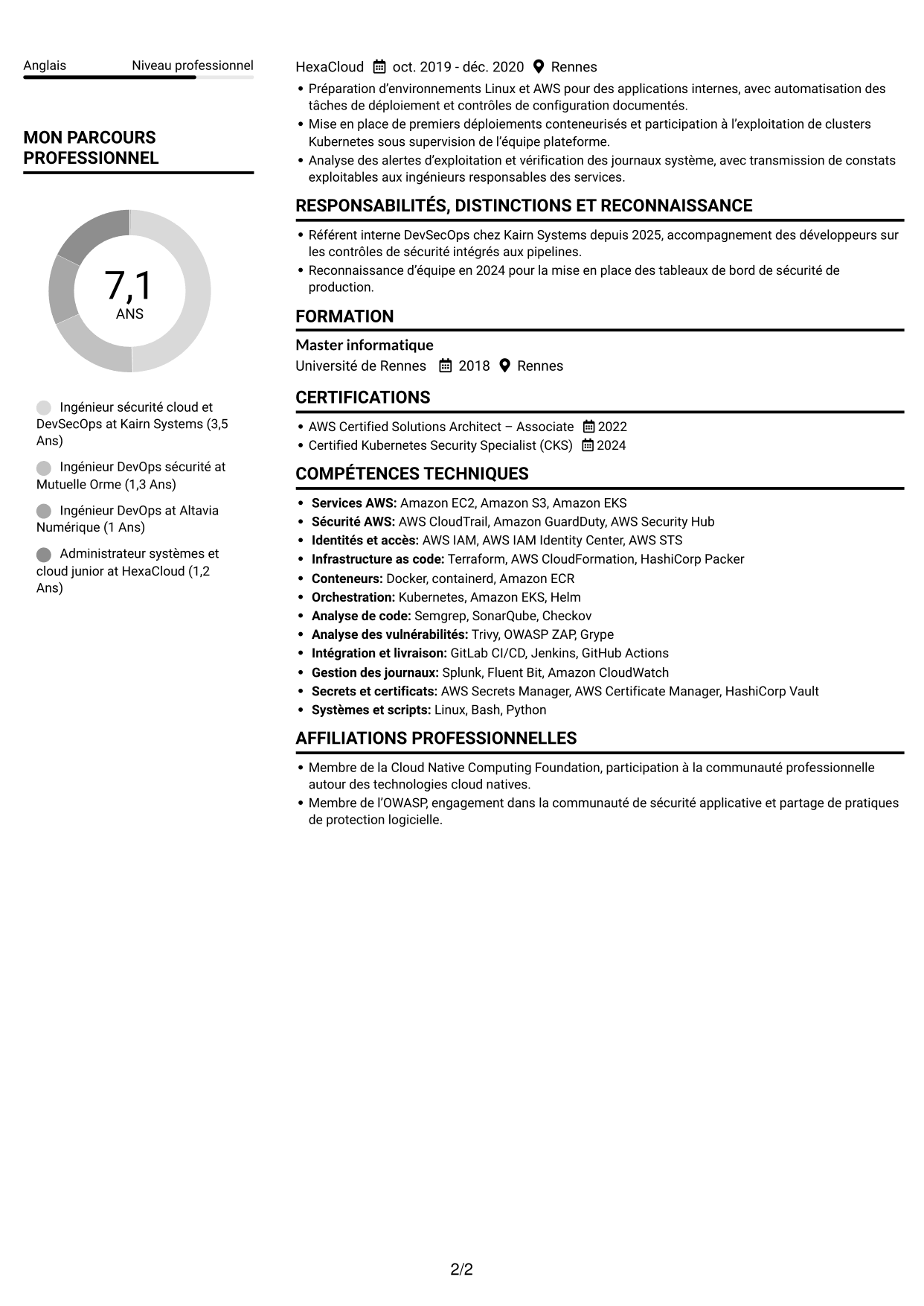 CV Compact (format sobre à deux colonnes avec photo) : Ingénieur sécurité cloud - DevSecOps, page 2