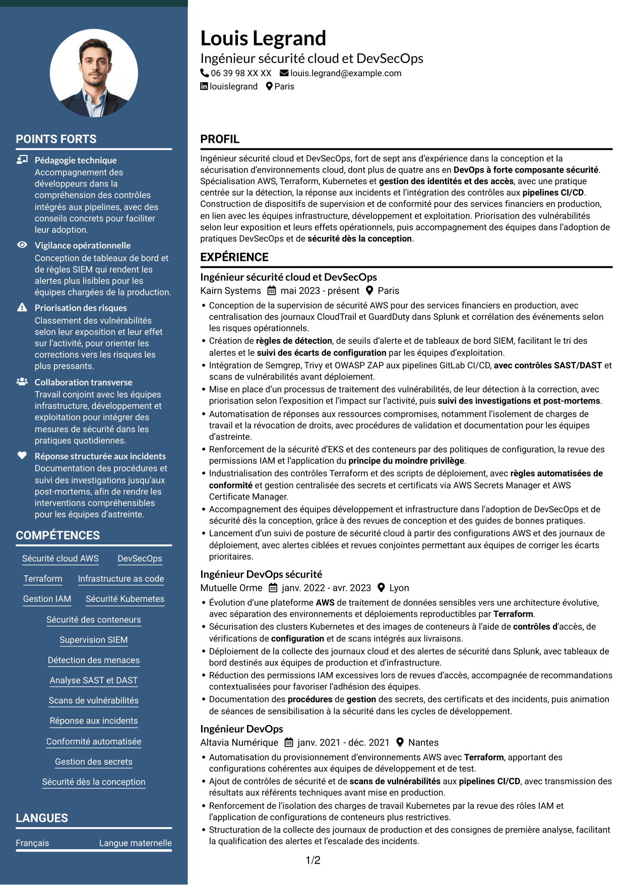 CV Élégant (format à colonne latérale colorée avec photo) : Ingénieur sécurité cloud - DevSecOps, page 1