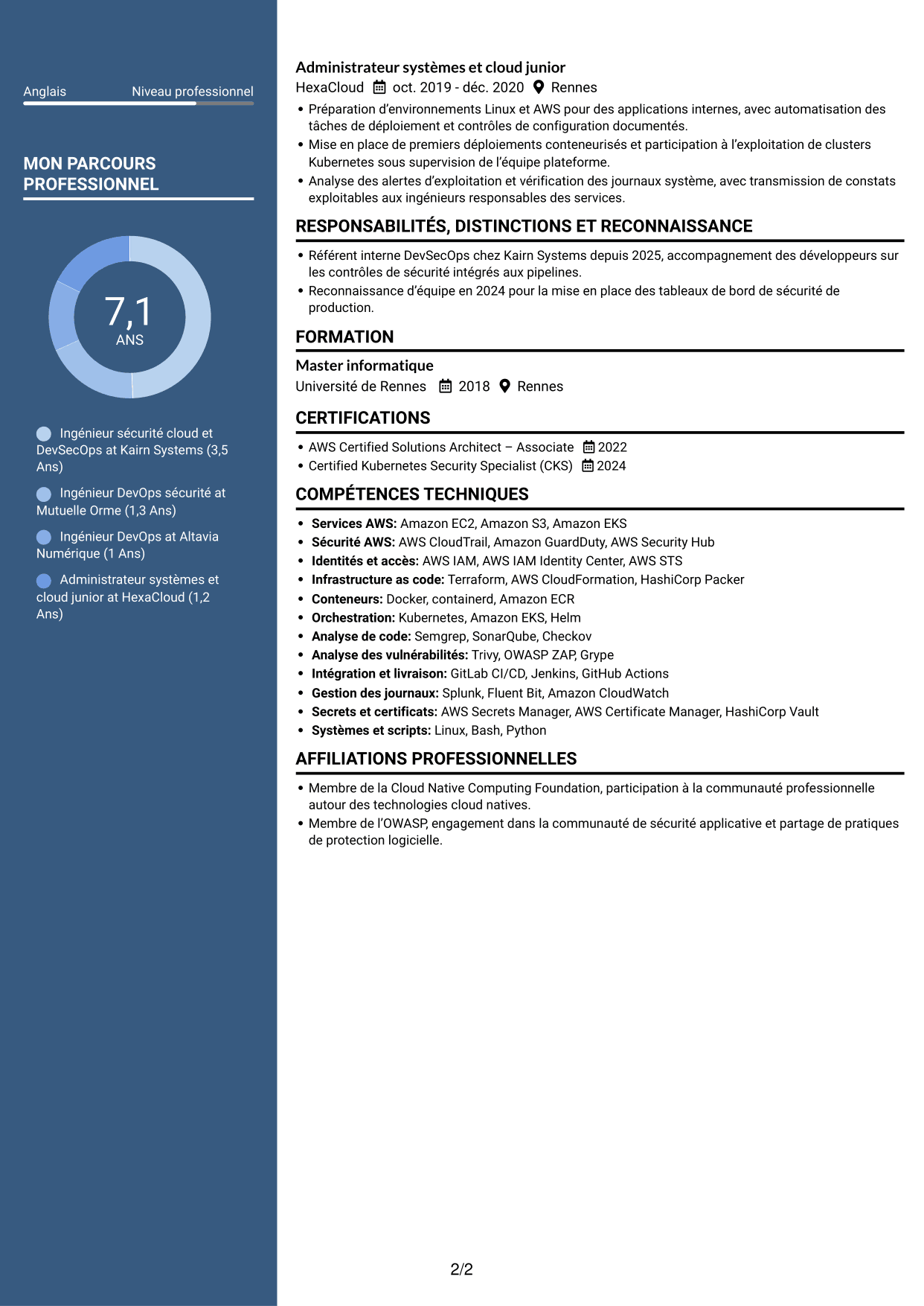 CV Élégant (format à colonne latérale colorée avec photo) : Ingénieur sécurité cloud - DevSecOps, page 2