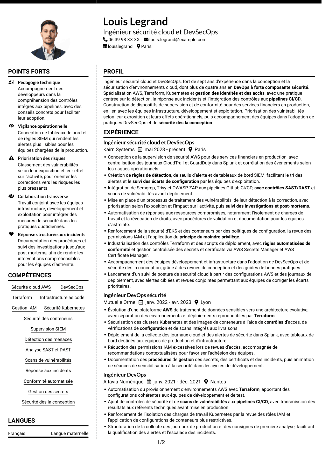 CV Moderne (format à deux colonnes avec photo à gauche et séparateur) : Ingénieur sécurité cloud - DevSecOps, page 1