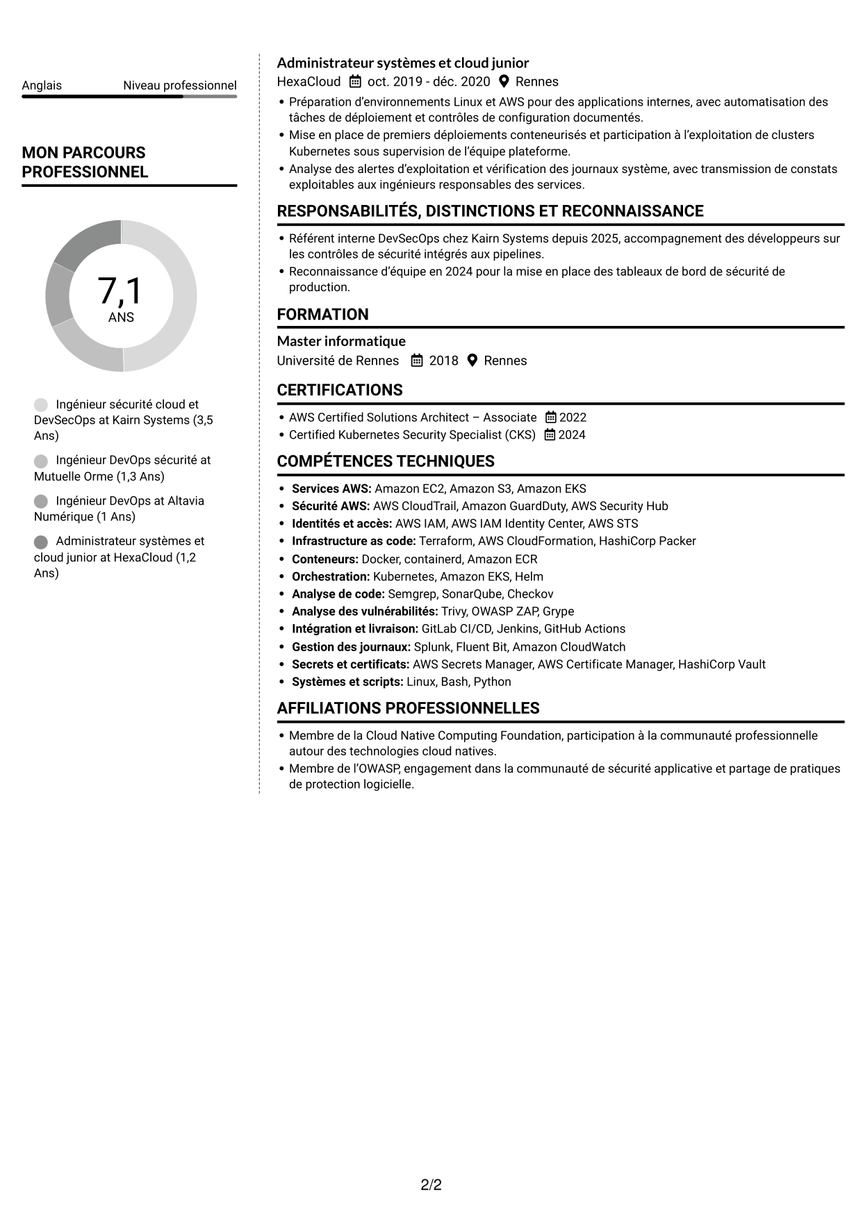 CV Moderne (format à deux colonnes avec photo à gauche et séparateur) : Ingénieur sécurité cloud - DevSecOps, page 2