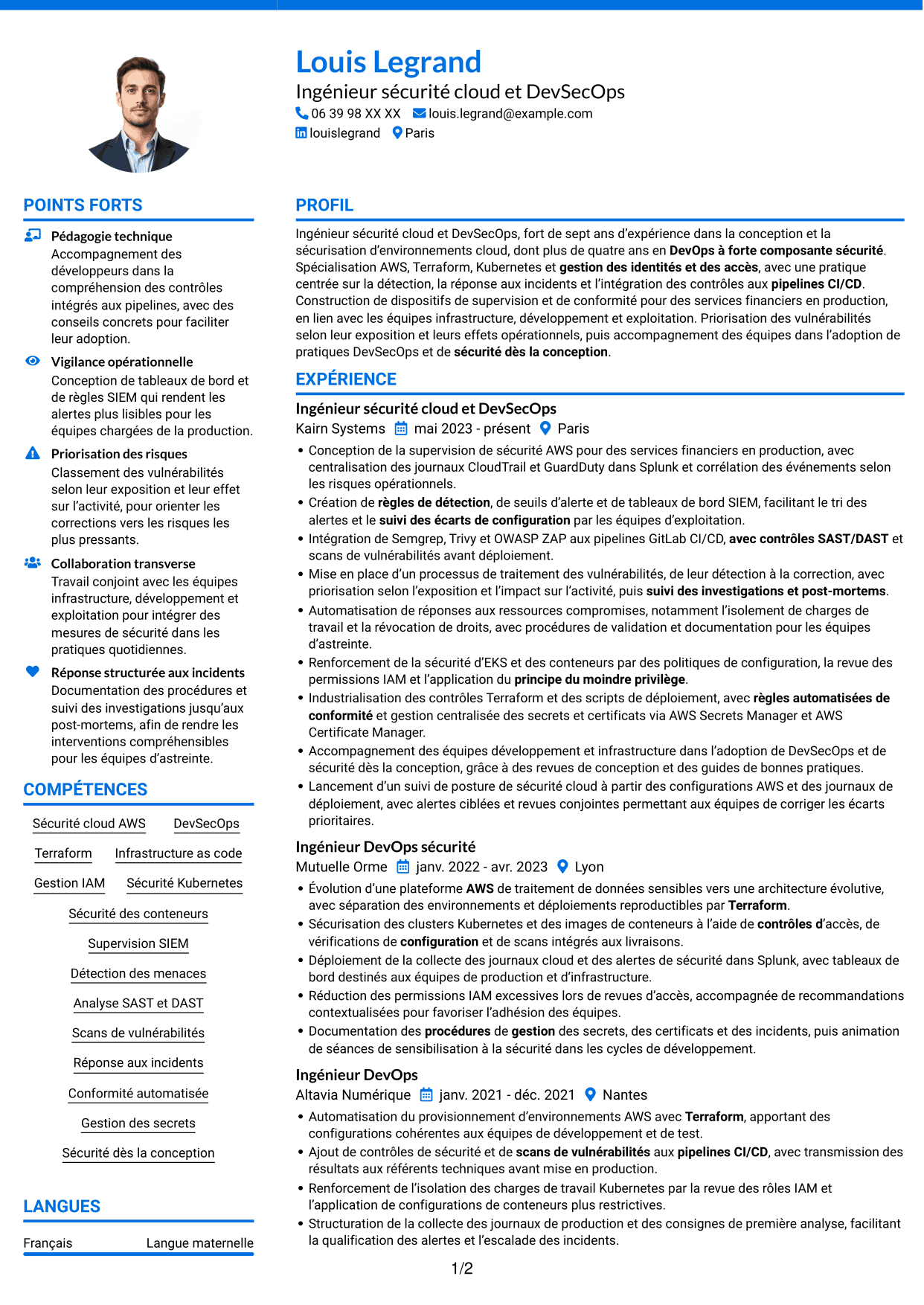 CV Audacieux (format à deux colonnes avec accents colorés et photo) : Ingénieur sécurité cloud - DevSecOps, page 1