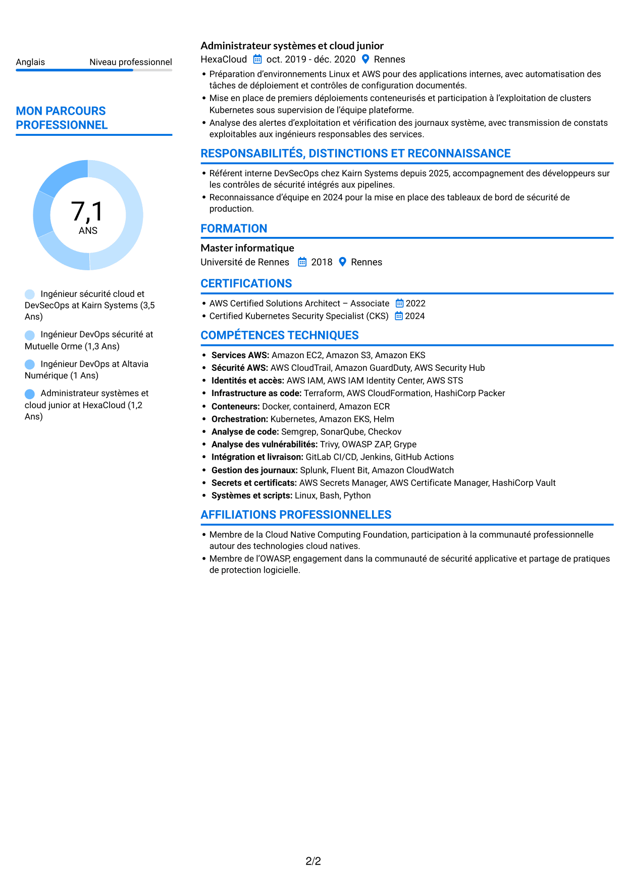 CV Audacieux (format à deux colonnes avec accents colorés et photo) : Ingénieur sécurité cloud - DevSecOps, page 2
