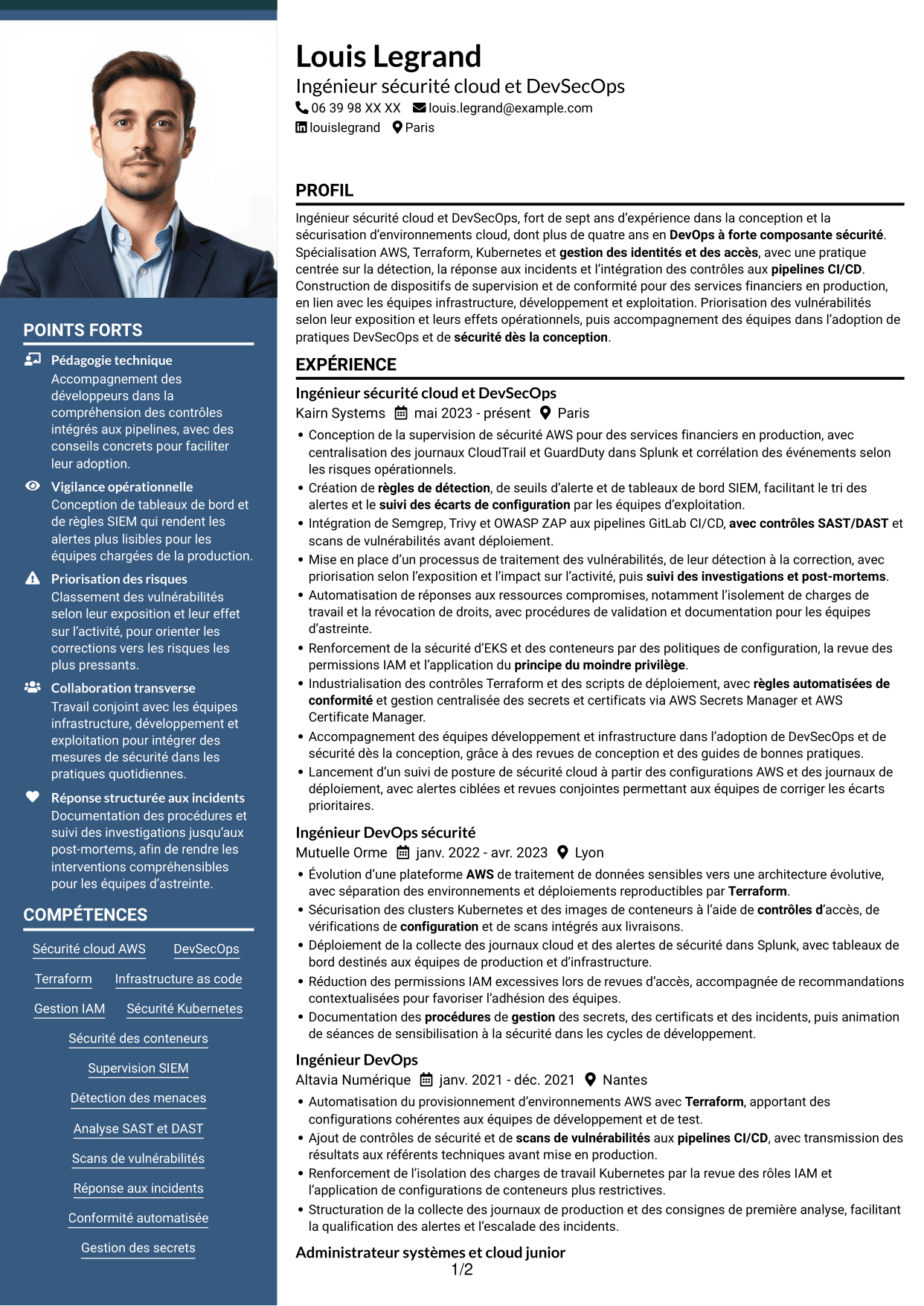 CV Signature (format à colonne latérale colorée avec grande photo) : Ingénieur sécurité cloud - DevSecOps, page 1