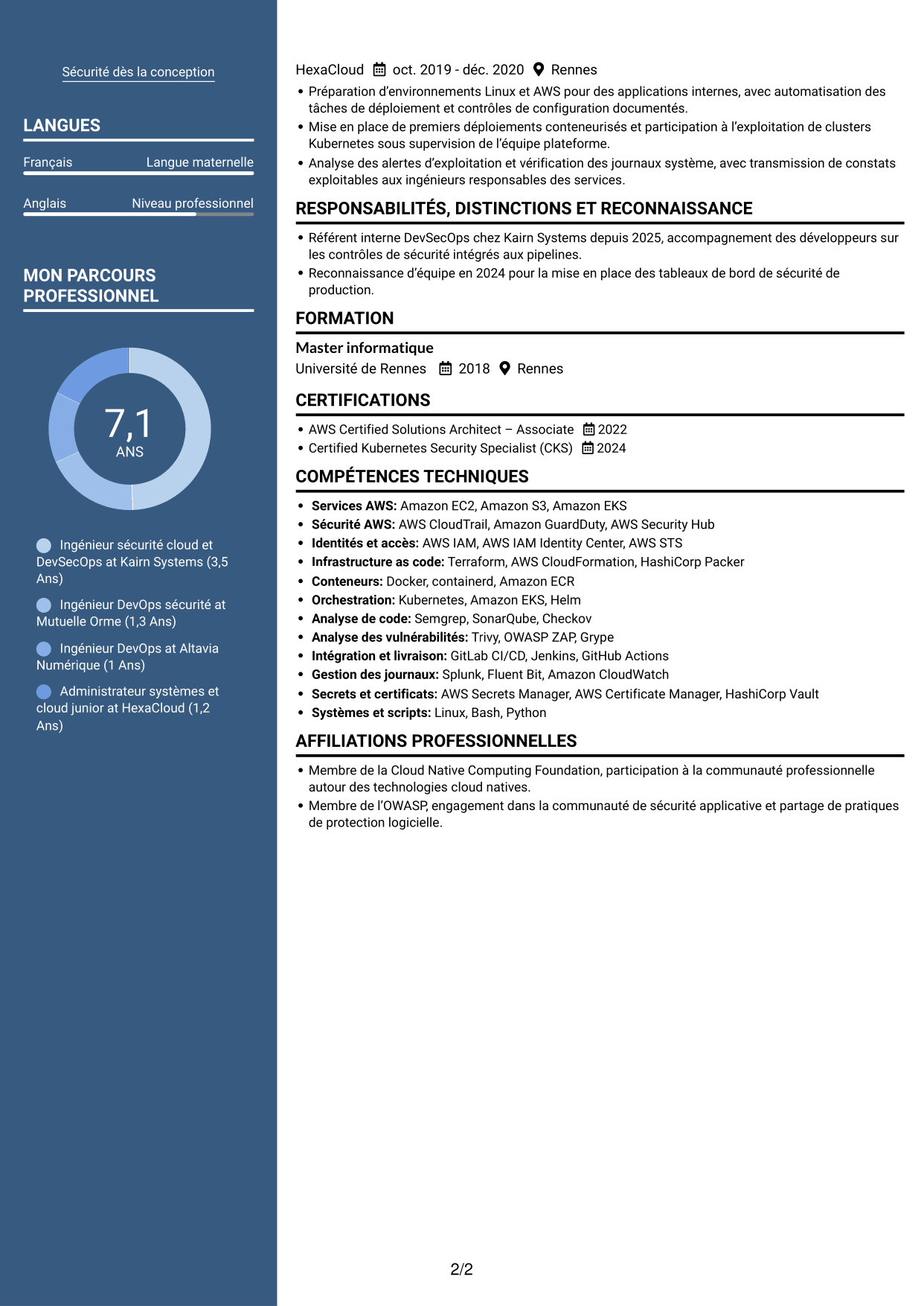 CV Signature (format à colonne latérale colorée avec grande photo) : Ingénieur sécurité cloud - DevSecOps, page 2