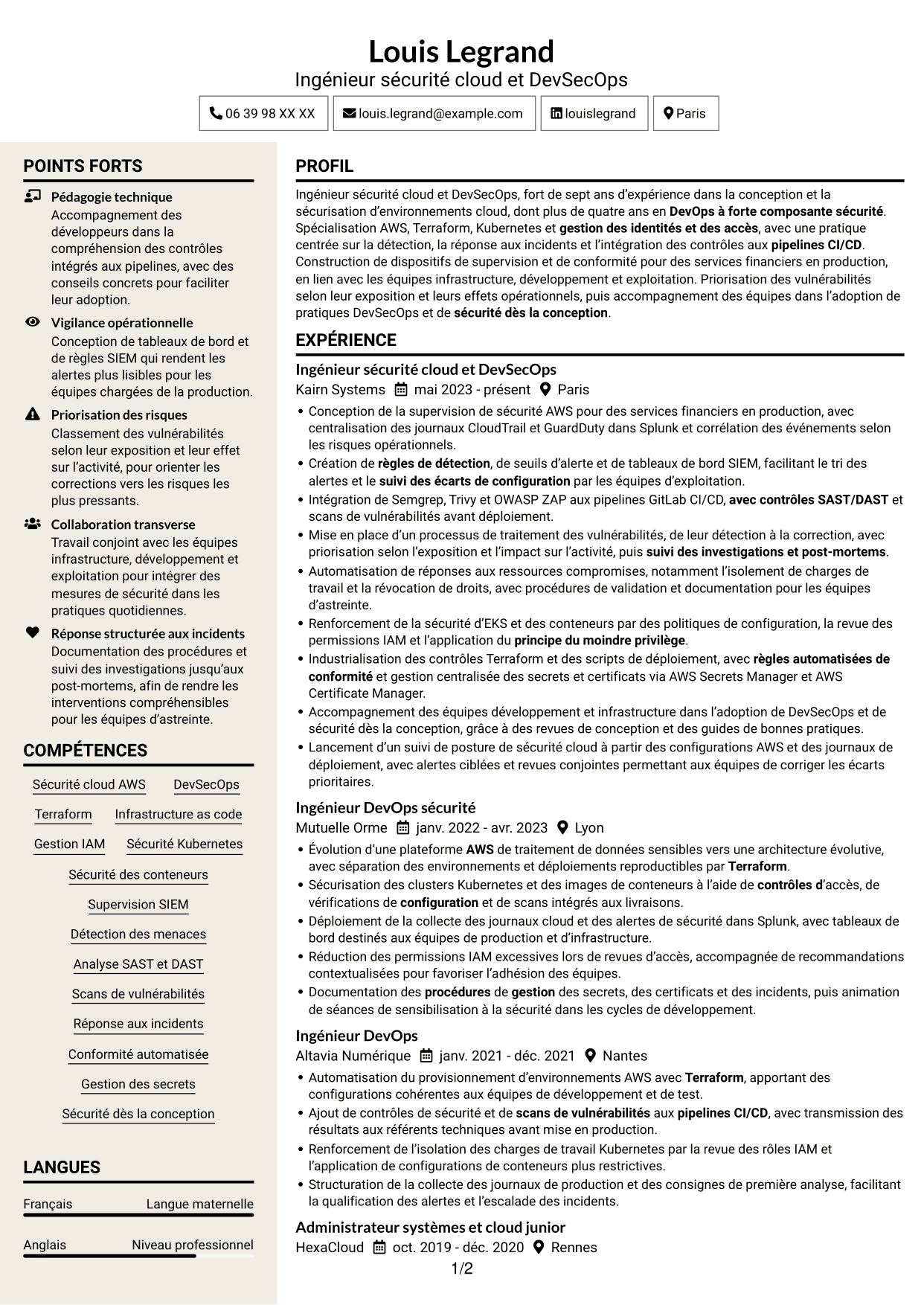 CV Fonceur (format à deux colonnes avec en-tête centré sans photo) : Ingénieur sécurité cloud - DevSecOps, page 1