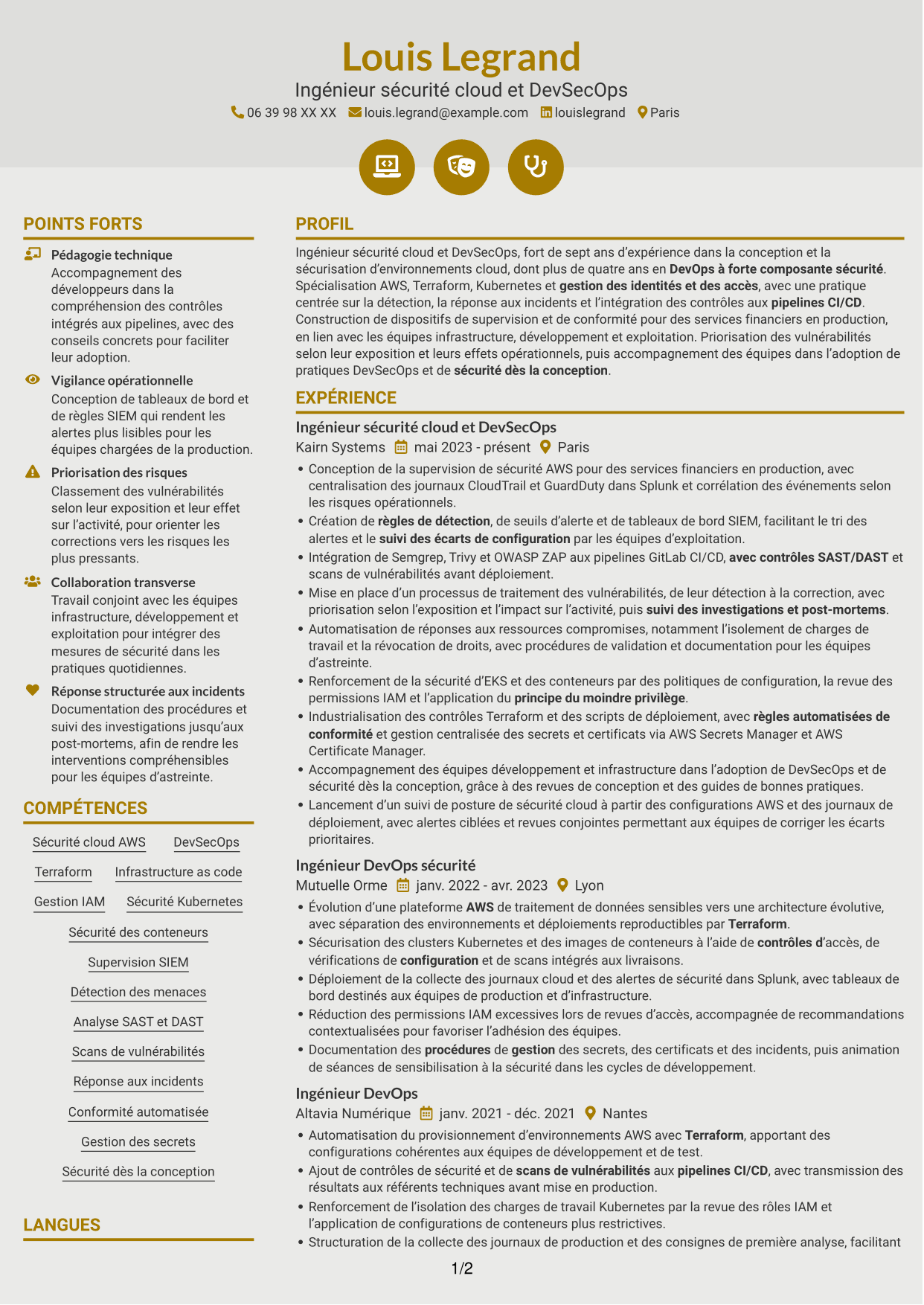 CV Dynamique (format à deux colonnes avec icônes) : Ingénieur sécurité cloud - DevSecOps, page 1