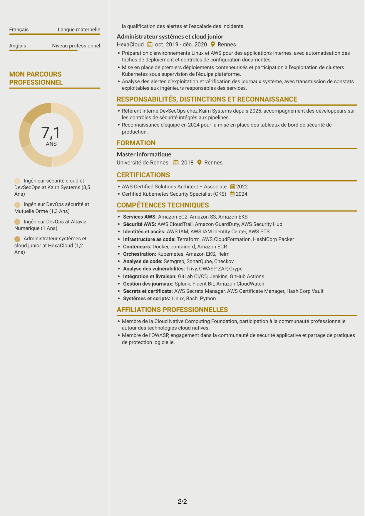 CV Dynamique (format à deux colonnes avec icônes) : Ingénieur sécurité cloud - DevSecOps, page 2