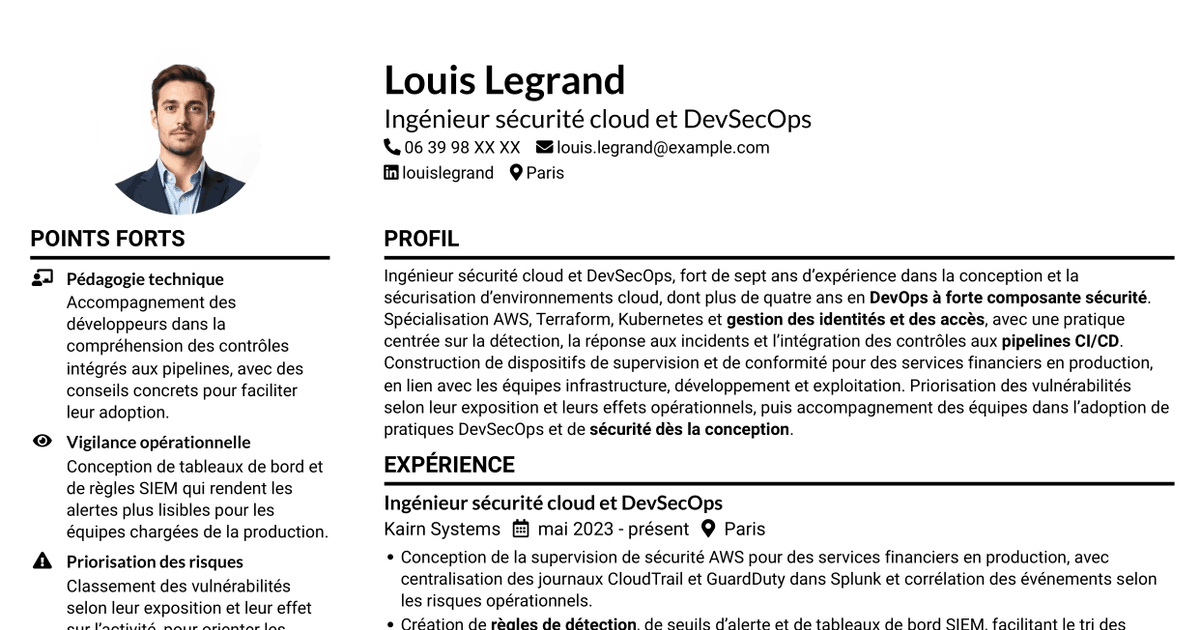 7 modèles de CV pour Ingénieur sécurité cloud - DevSecOps, avec exemples
