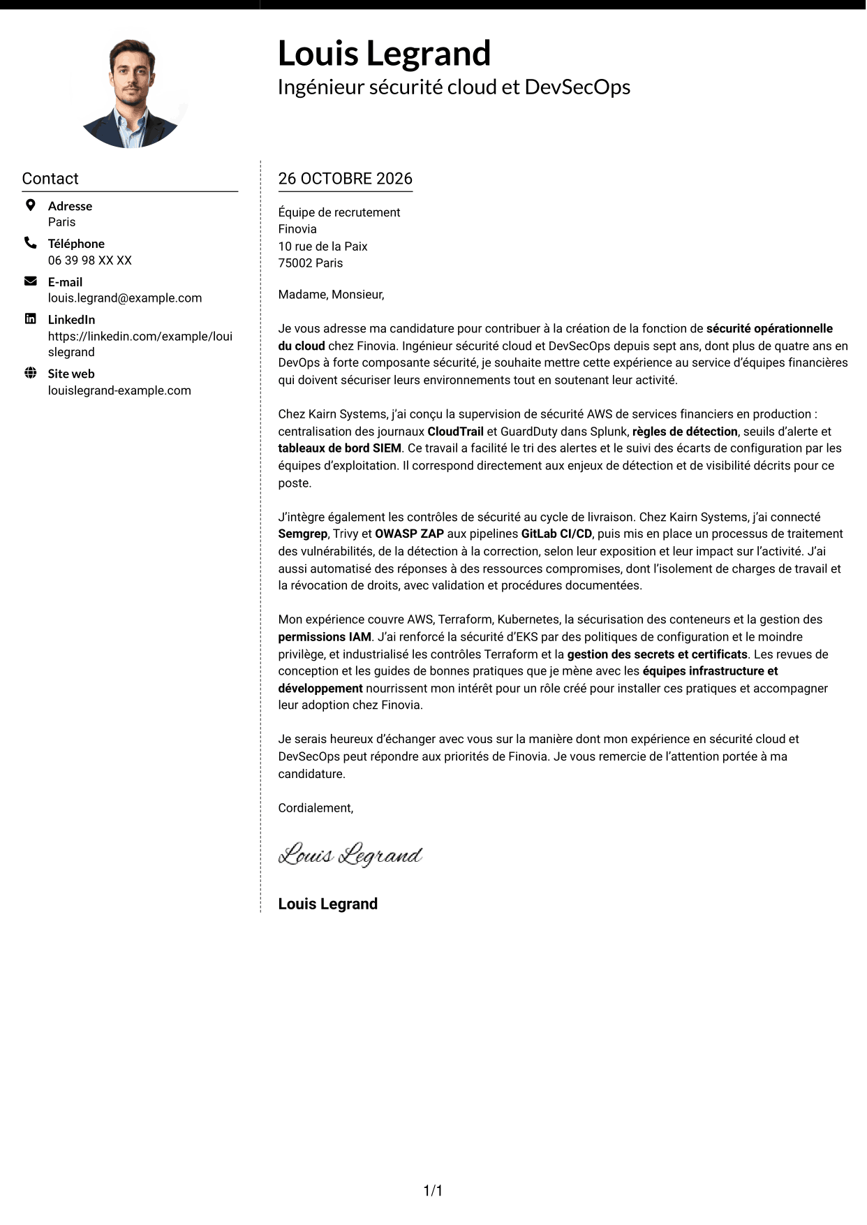 Lettre de motivation Moderne (format à deux colonnes avec photo à gauche et séparateur) : Ingénieur sécurité cloud - DevSecOps, page 1