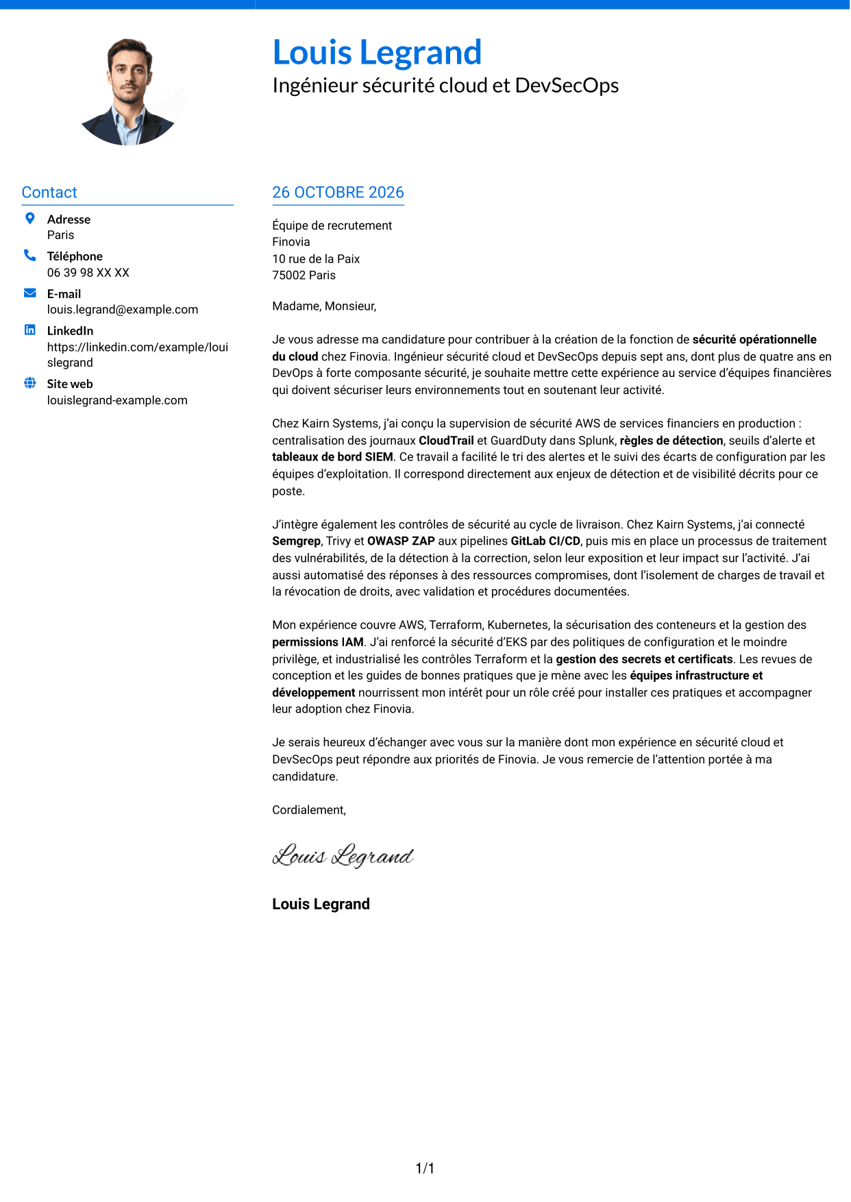 Lettre de motivation Audacieux (format à deux colonnes avec accents colorés et photo) : Ingénieur sécurité cloud - DevSecOps, page 1