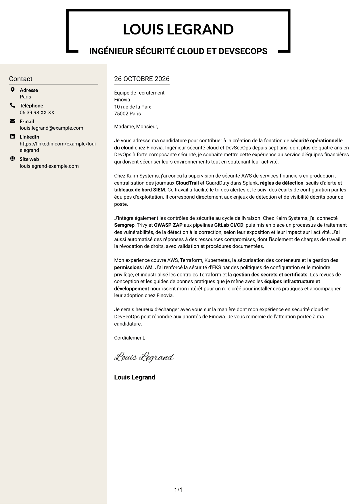 Lettre de motivation Fonceur (format à deux colonnes avec en-tête centré sans photo) : Ingénieur sécurité cloud - DevSecOps, page 1
