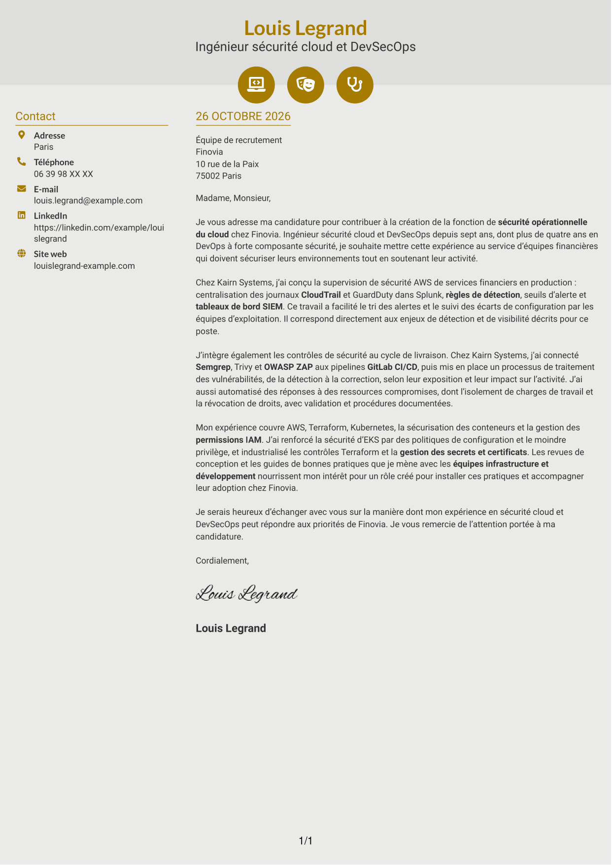 Lettre de motivation Dynamique (format à deux colonnes avec icônes) : Ingénieur sécurité cloud - DevSecOps, page 1