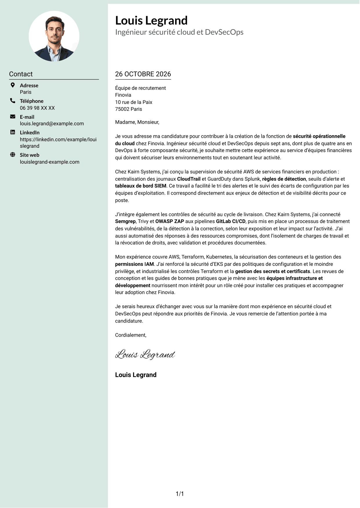 Lettre de motivation Cadre (format à colonne latérale douce avec photo arrondie) : Ingénieur sécurité cloud - DevSecOps, page 1