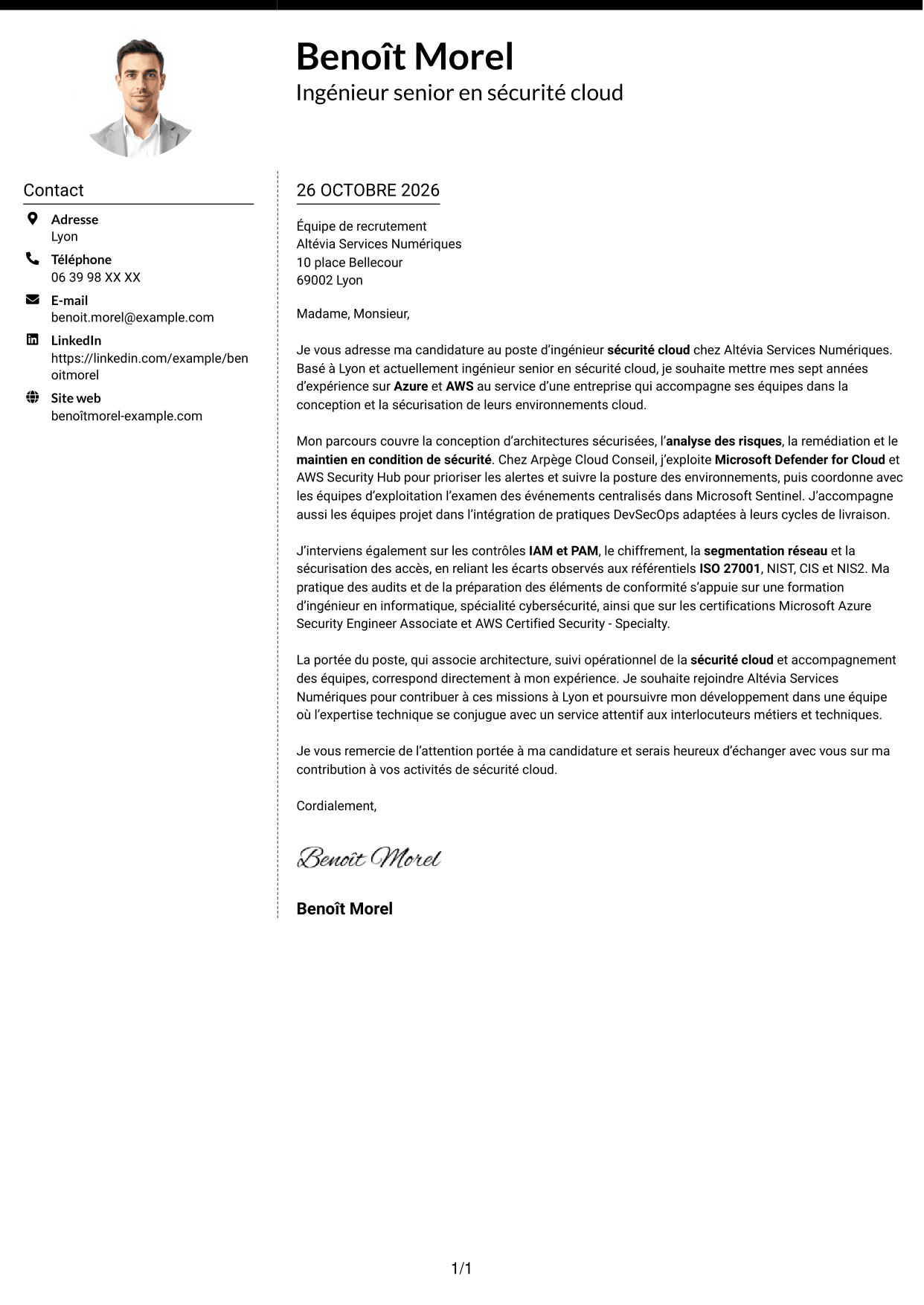 Lettre de motivation Moderne (format à deux colonnes avec photo à gauche et séparateur) : Ingénieur Sécurité Cloud, page 1