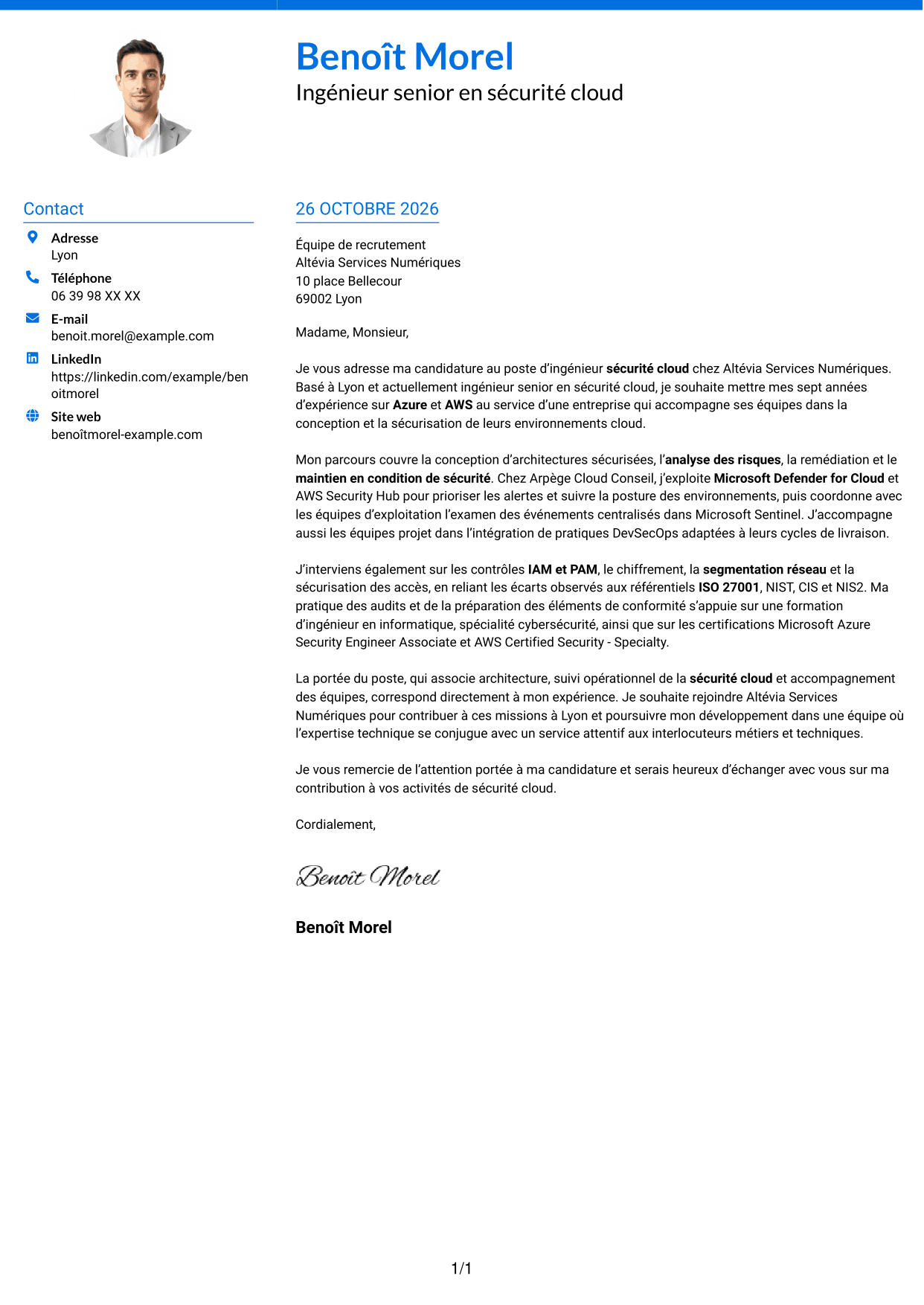 Lettre de motivation Audacieux (format à deux colonnes avec accents colorés et photo) : Ingénieur Sécurité Cloud, page 1