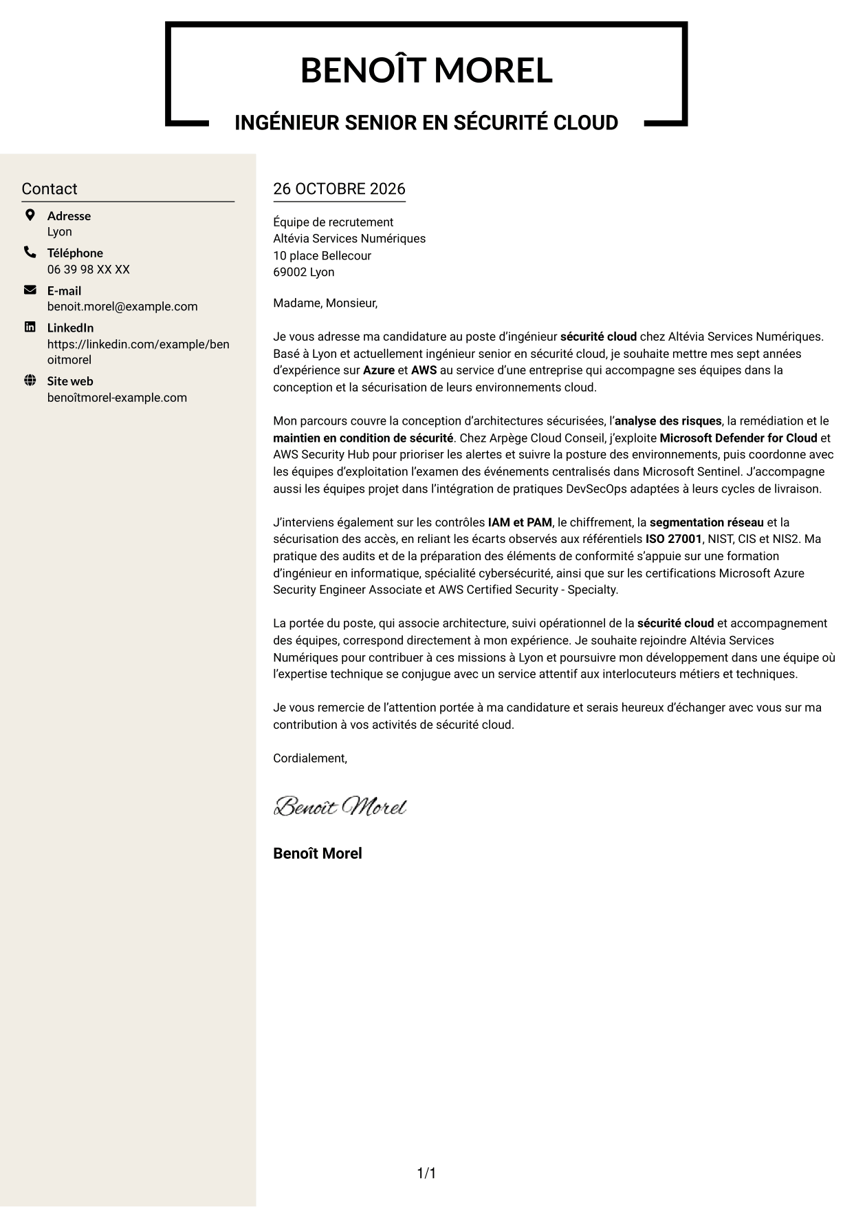 Lettre de motivation Fonceur (format à deux colonnes avec en-tête centré sans photo) : Ingénieur Sécurité Cloud, page 1