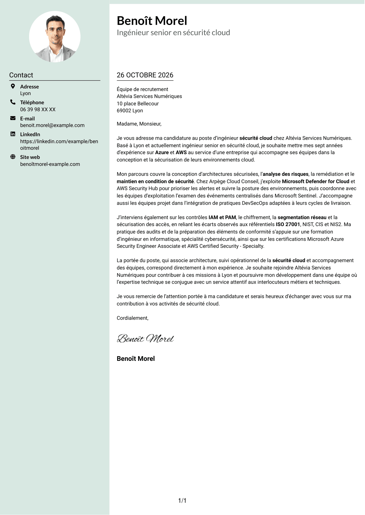 Lettre de motivation Cadre (format à colonne latérale douce avec photo arrondie) : Ingénieur Sécurité Cloud, page 1