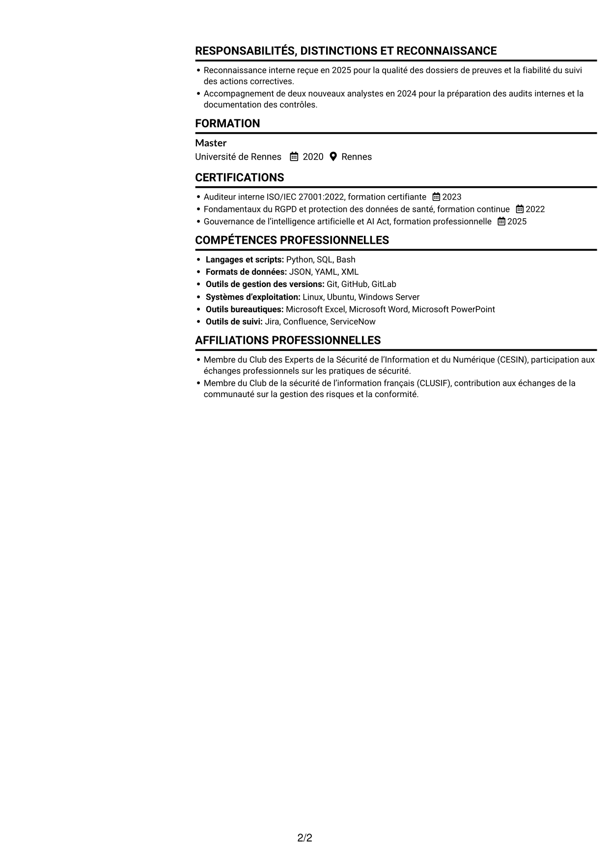 CV Compact (format sobre à deux colonnes avec photo) : Ingénieur sécurité junior - GRC, page 2
