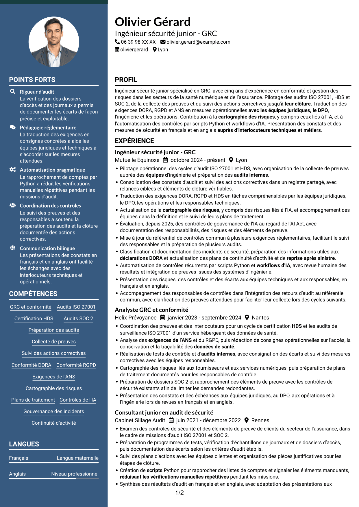CV Élégant (format à colonne latérale colorée avec photo) : Ingénieur sécurité junior - GRC, page 1