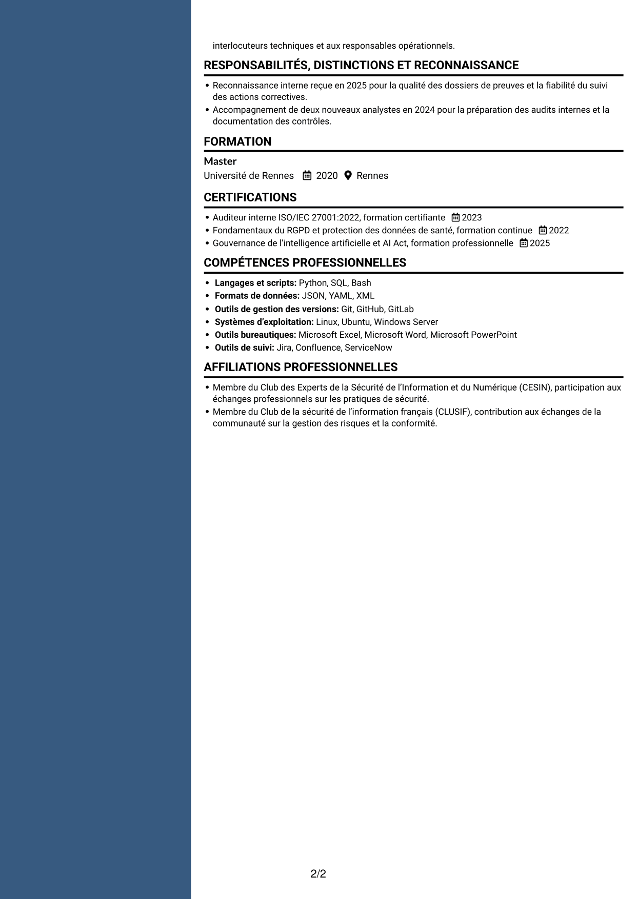 CV Élégant (format à colonne latérale colorée avec photo) : Ingénieur sécurité junior - GRC, page 2