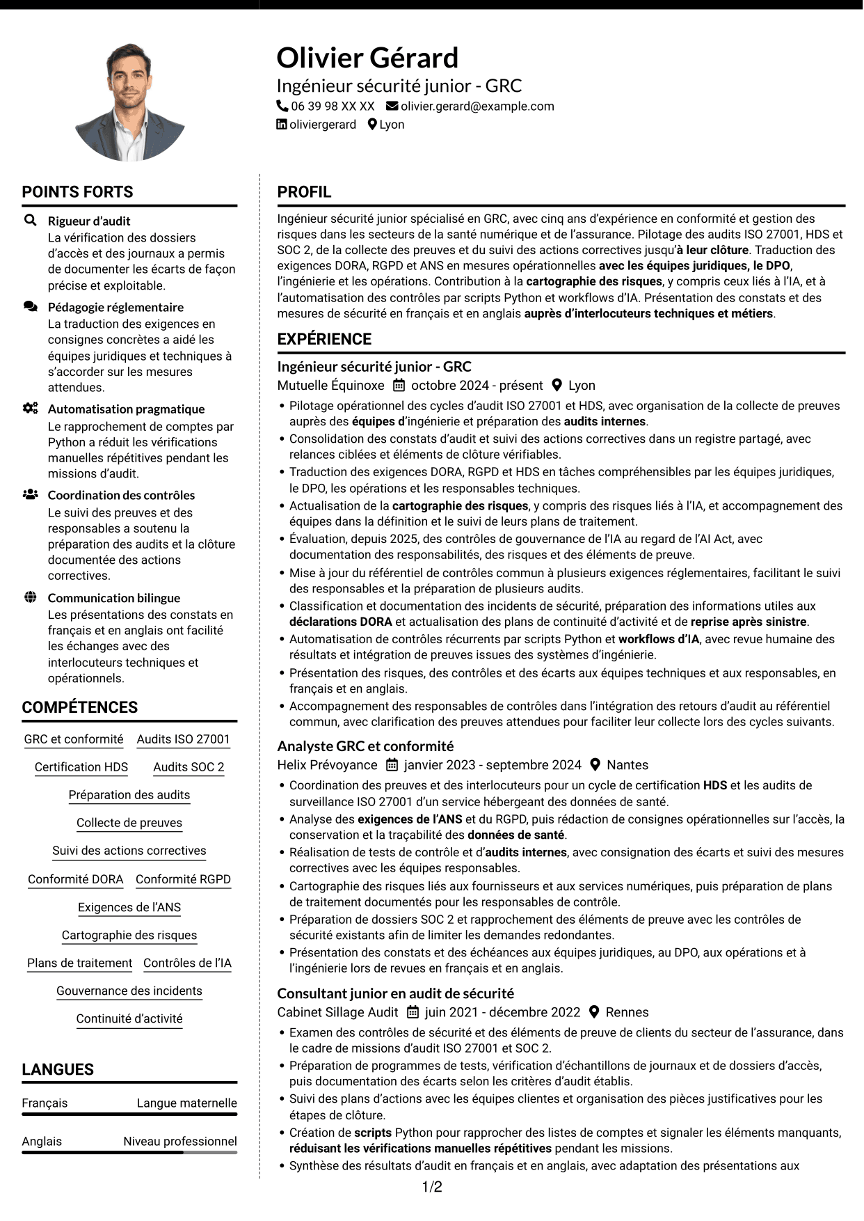 CV Moderne (format à deux colonnes avec photo à gauche et séparateur) : Ingénieur sécurité junior - GRC, page 1