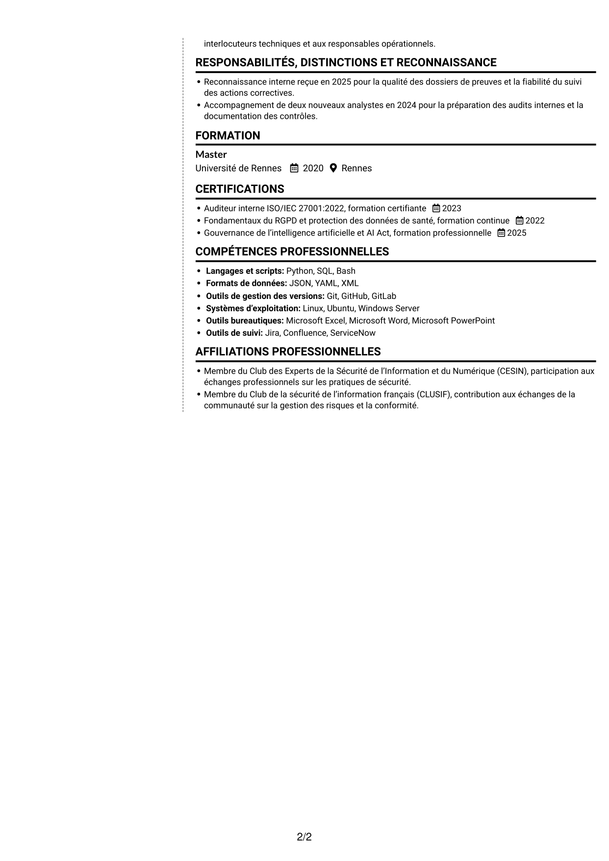 CV Moderne (format à deux colonnes avec photo à gauche et séparateur) : Ingénieur sécurité junior - GRC, page 2