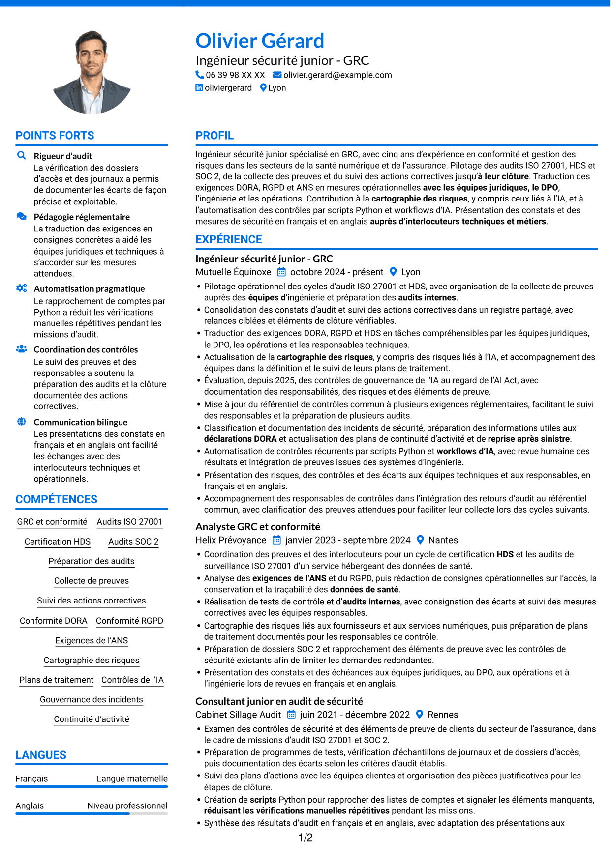 CV Audacieux (format à deux colonnes avec accents colorés et photo) : Ingénieur sécurité junior - GRC, page 1